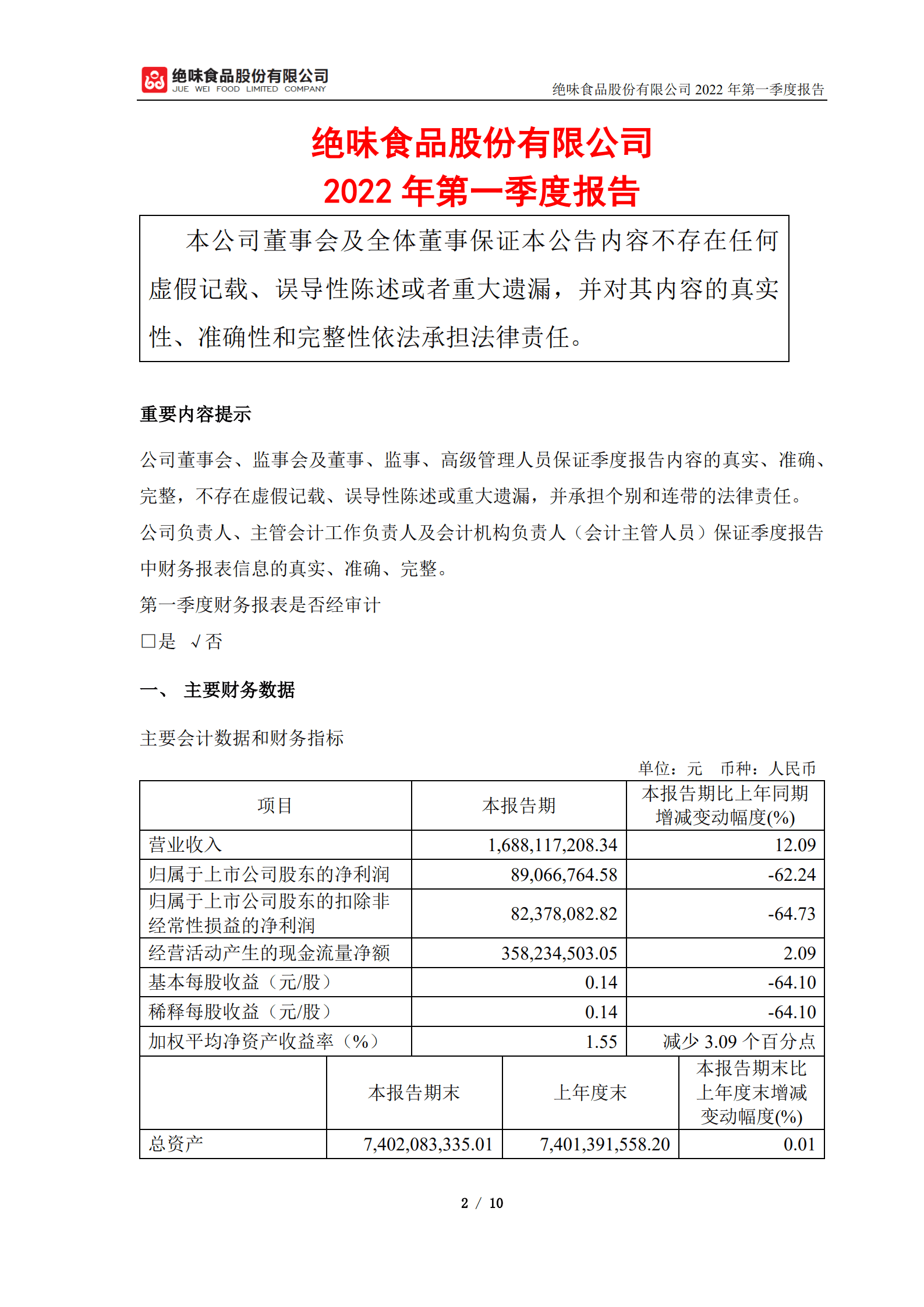 绝味食品股份有限公司2022年第一季度报告.PDF 第2页