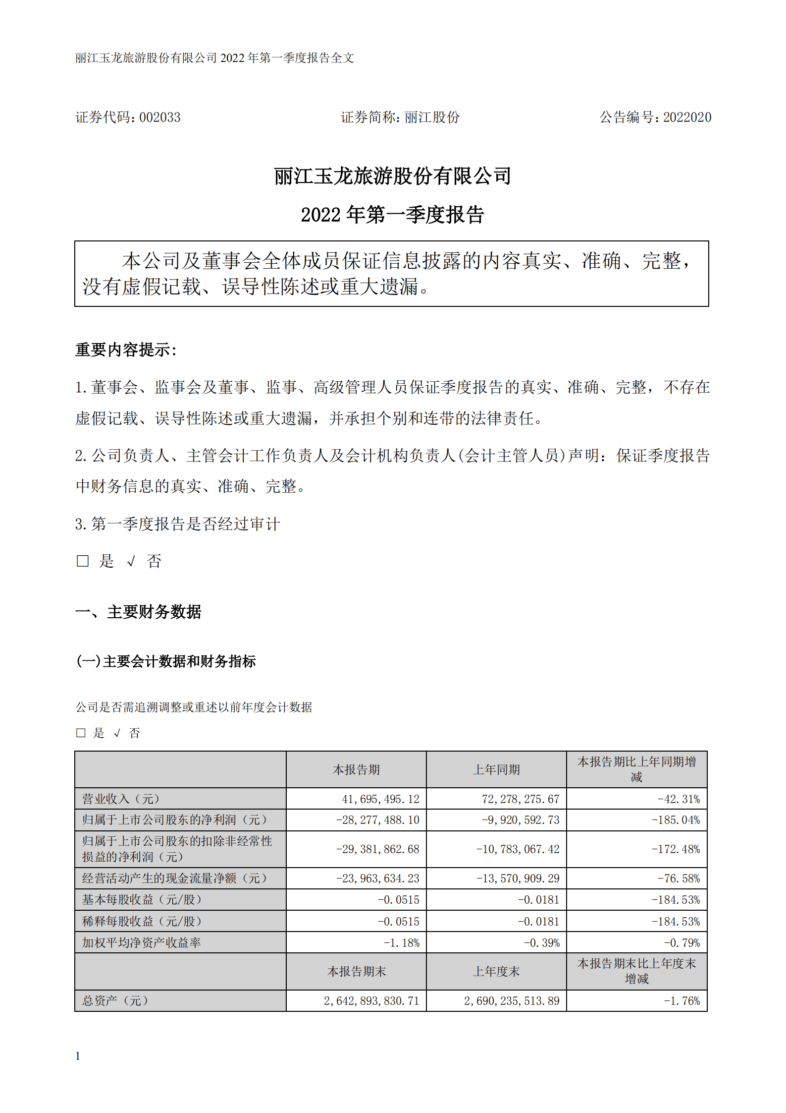 丽江玉龙旅游股份有限公司2022年一季度报告.PDF 第1页