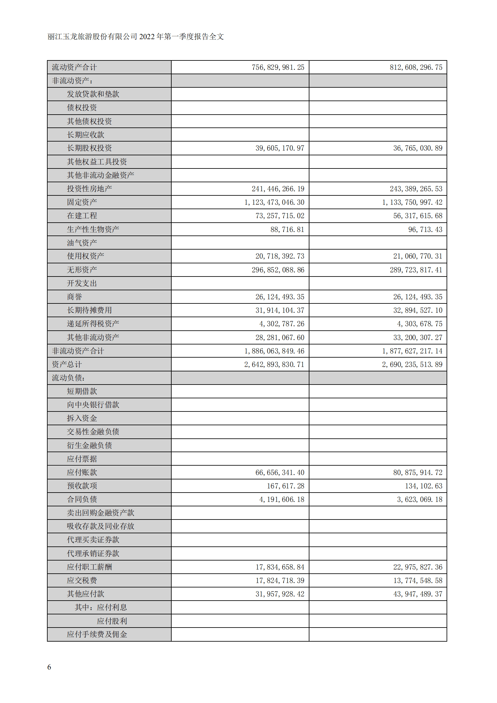 丽江玉龙旅游股份有限公司2022年一季度报告.PDF 第6页