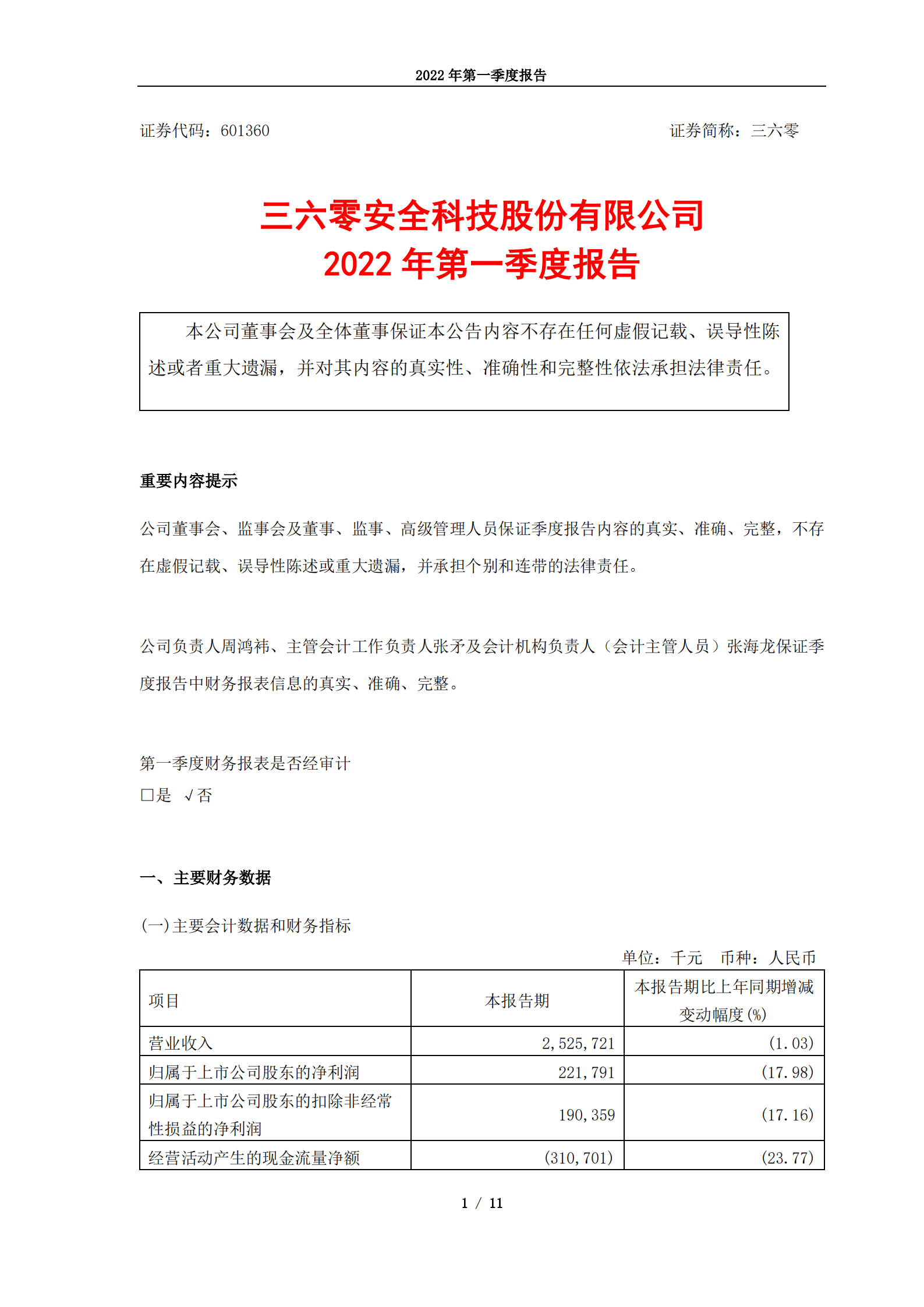 三六零安全科技股份有限公司2022年第一季度报告.PDF 第1页