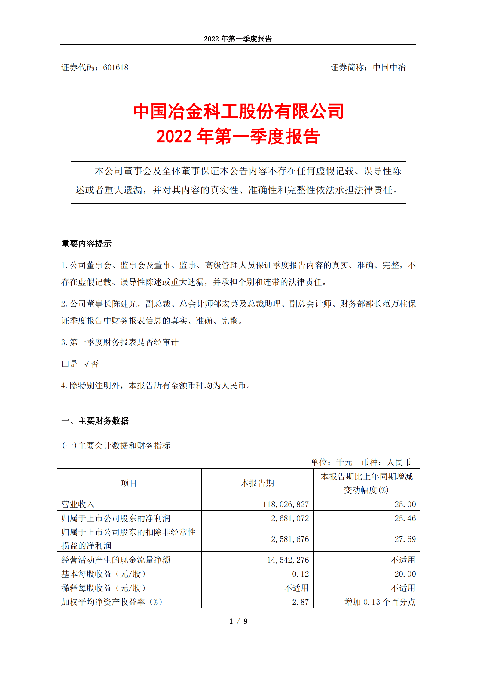 中国冶金科工股份有限公司2022年第一季度报告.PDF 第1页