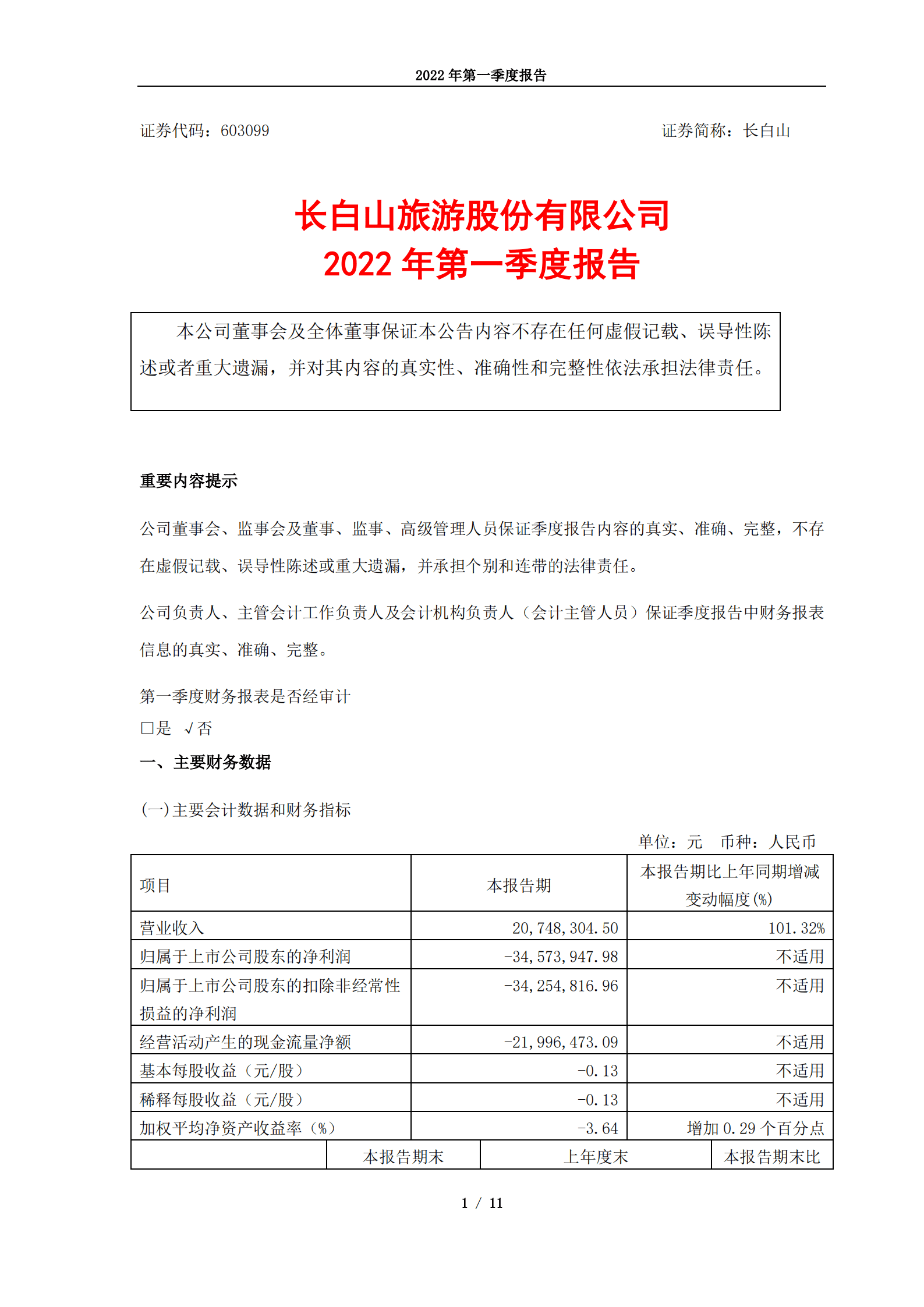 长白山旅游股份有限公司2022年第一季度报告.PDF 第1页