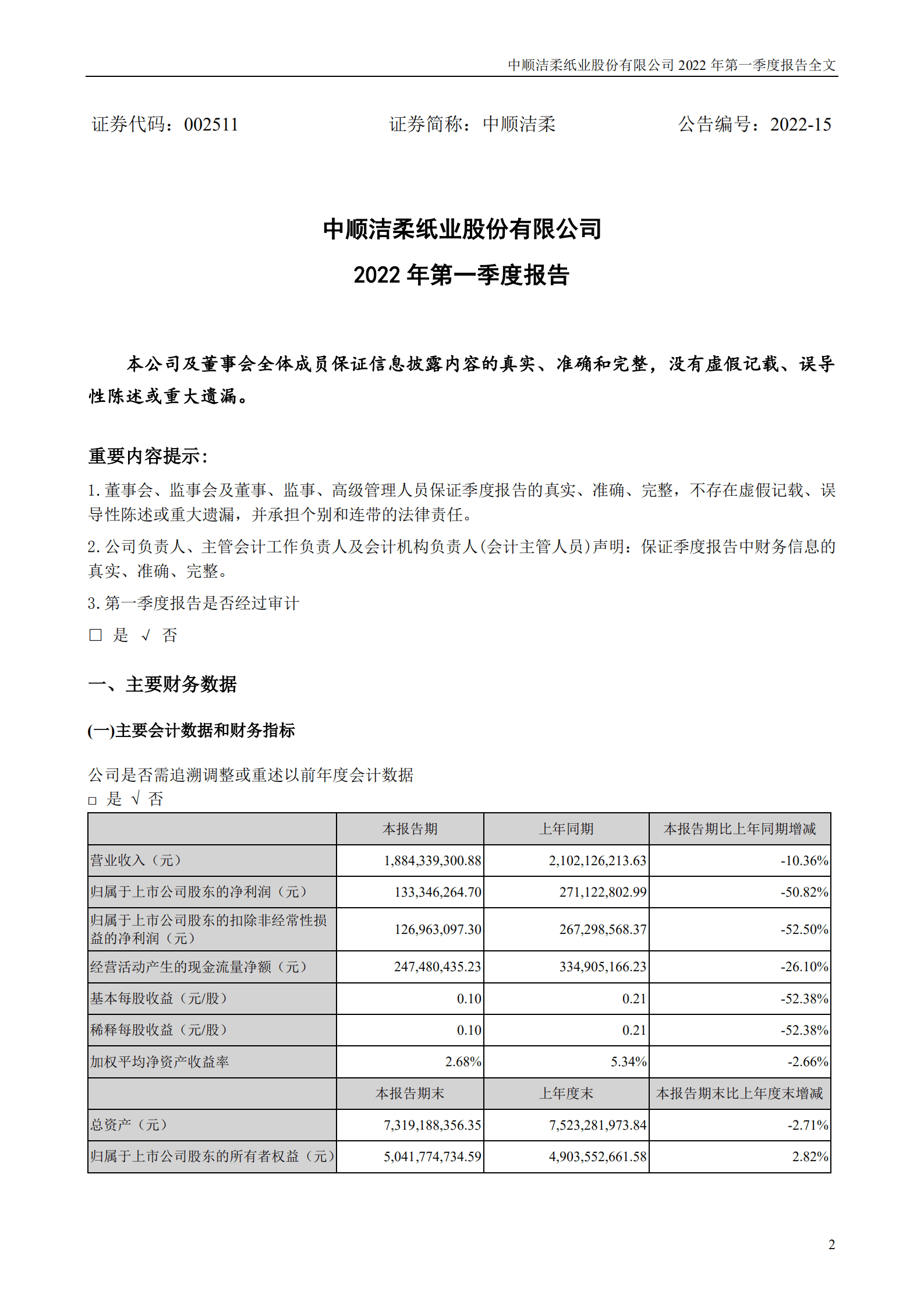 中顺洁柔纸业股份有限公司2022年一季度报告.PDF 第2页