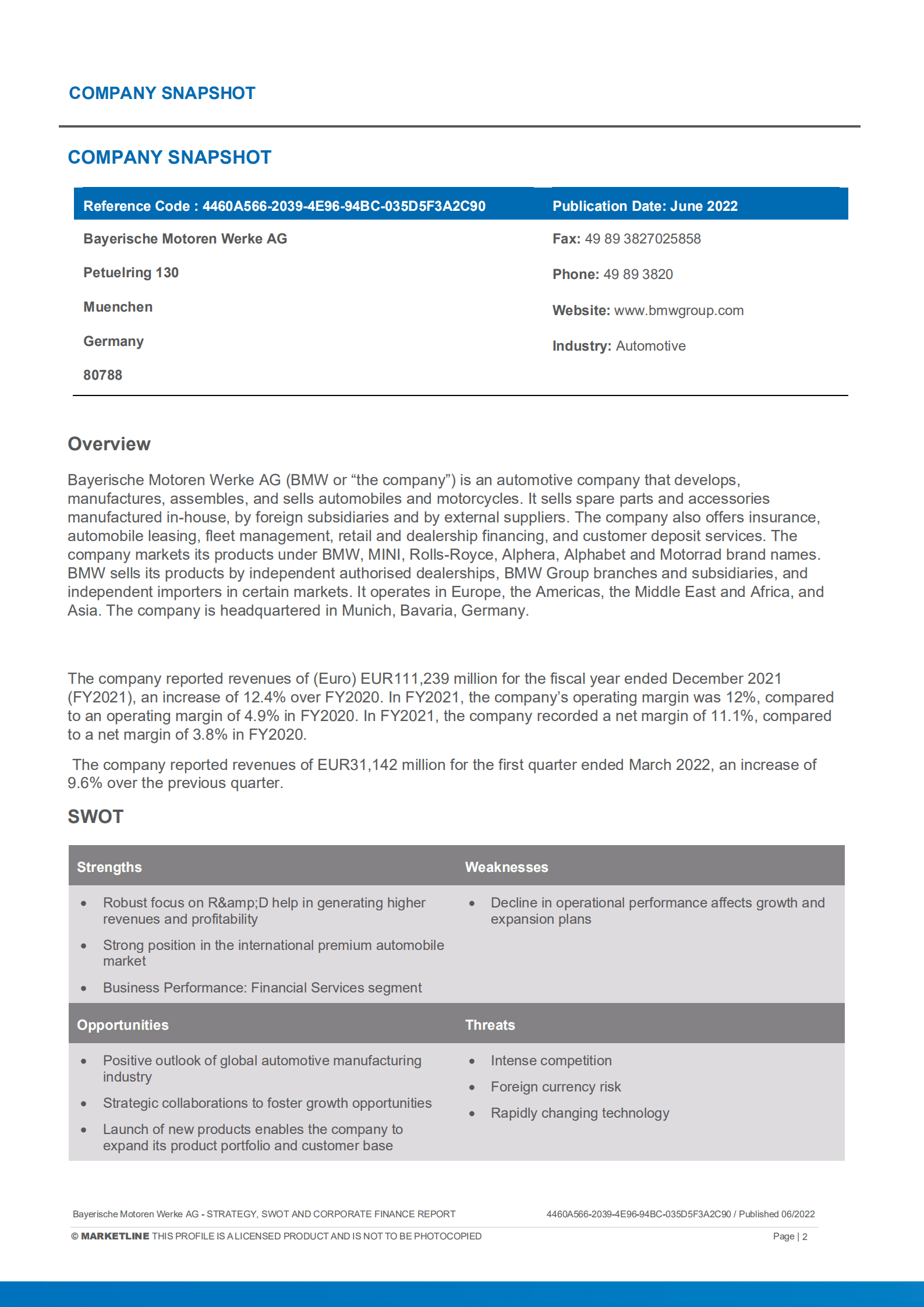 MarketLine：宝马集团发展概况、SWOT与财务状况深度分析报告（英文版）.pdf 第2页