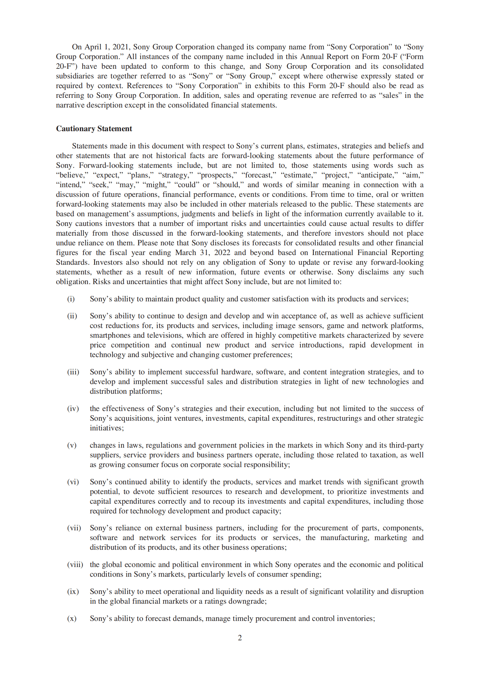 索尼（SONY）2020财年年度报告（英文版）.pdf 第2页