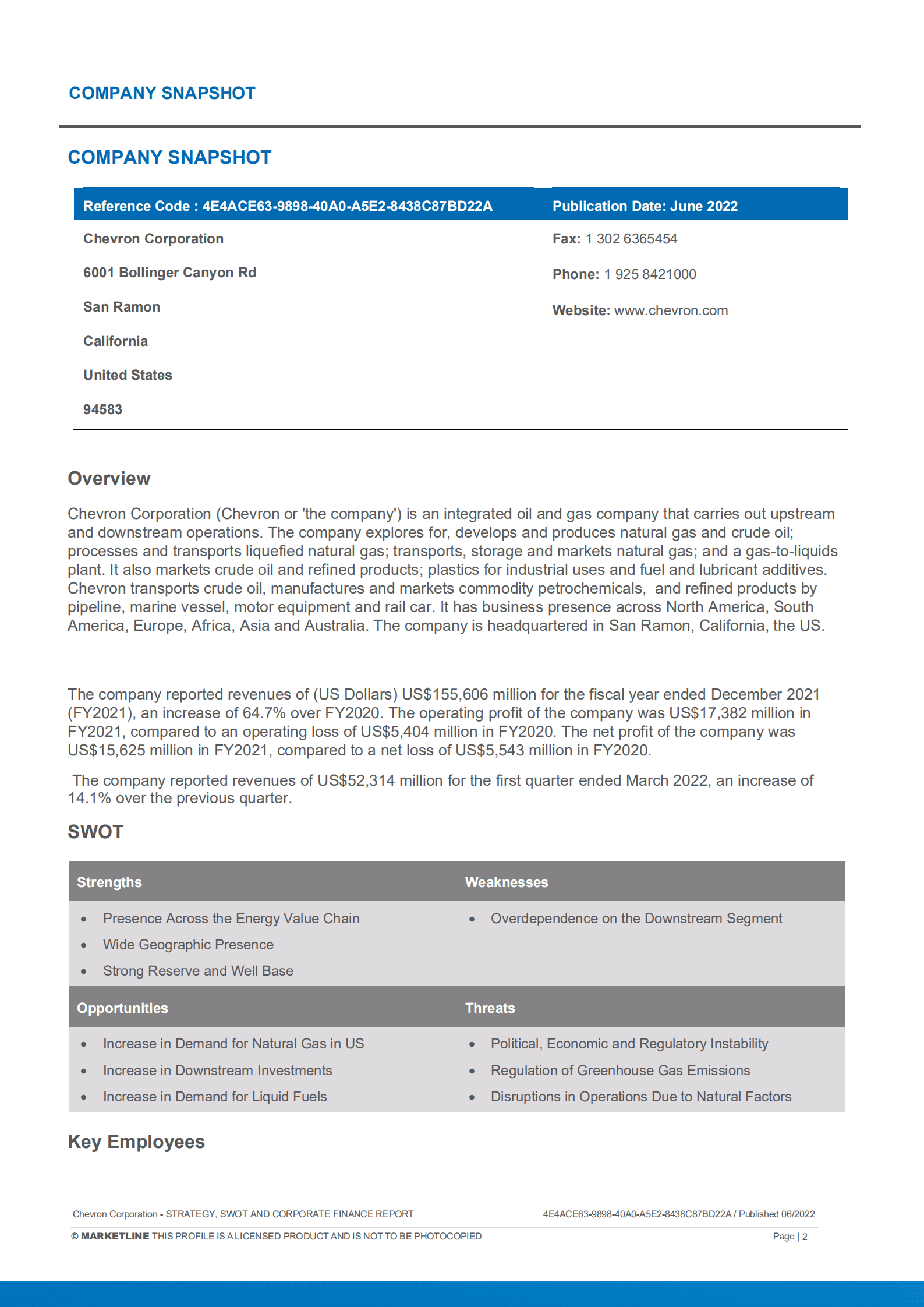 MarketLine：雪佛龙（CHEVRON）公司发展概况、SWOT与财务状况深度分析报告（英文版）.pdf 第2页