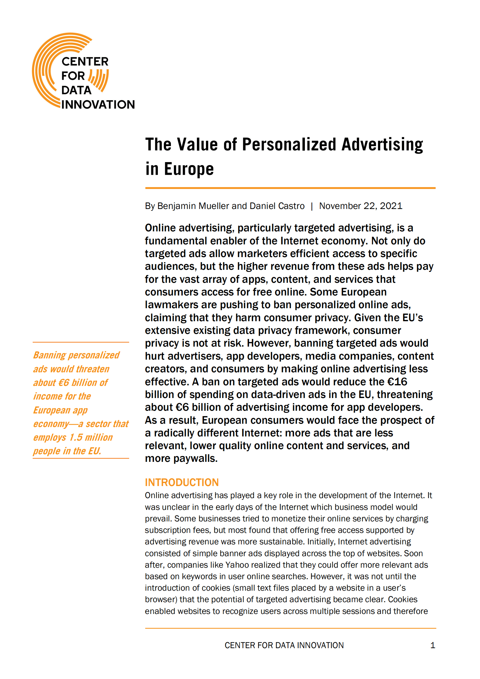美国智库数据创新中心（CDI）：欧洲个性化广告的价值（英文版）.pdf 第1页
