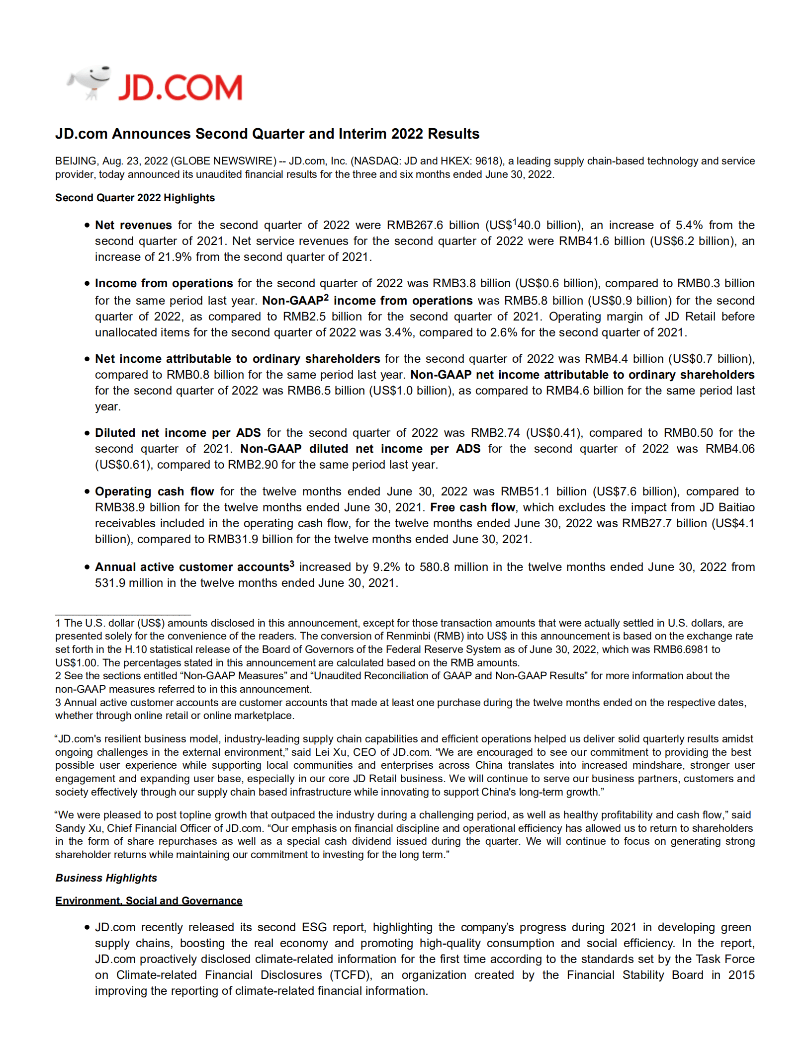京东（JD.US）2022年第二季度及半年度财报（英文版）.pdf 第1页