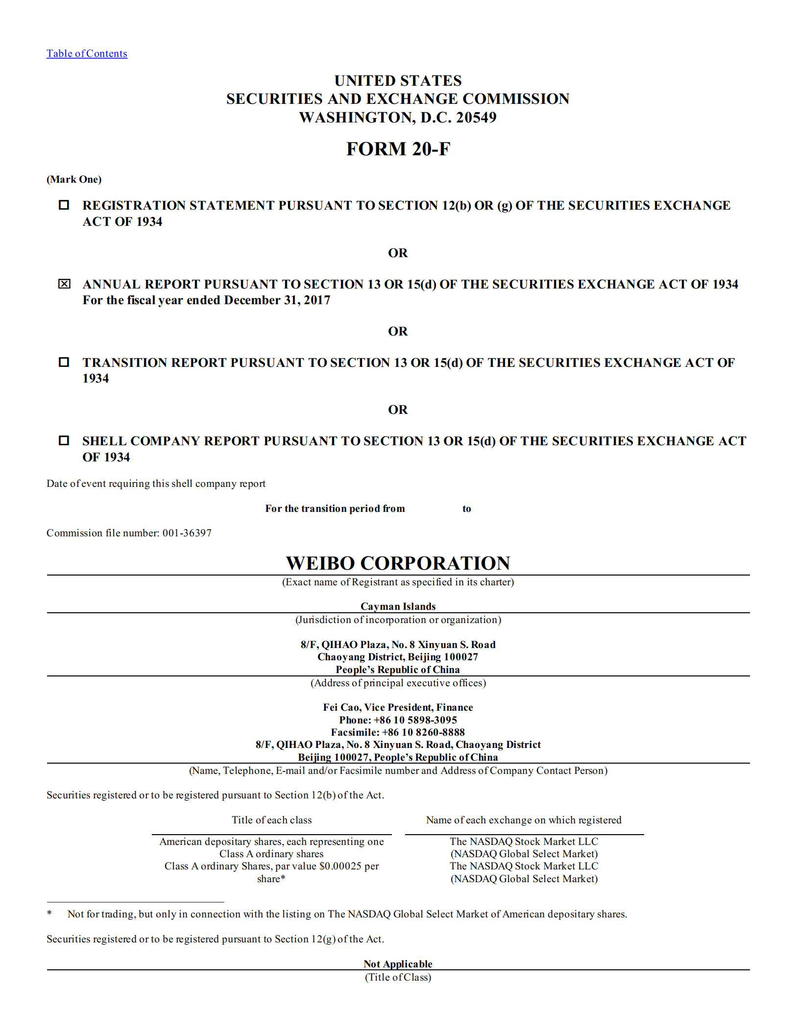 微博（WB.US）2017年年度报告（英文版）.pdf 第1页