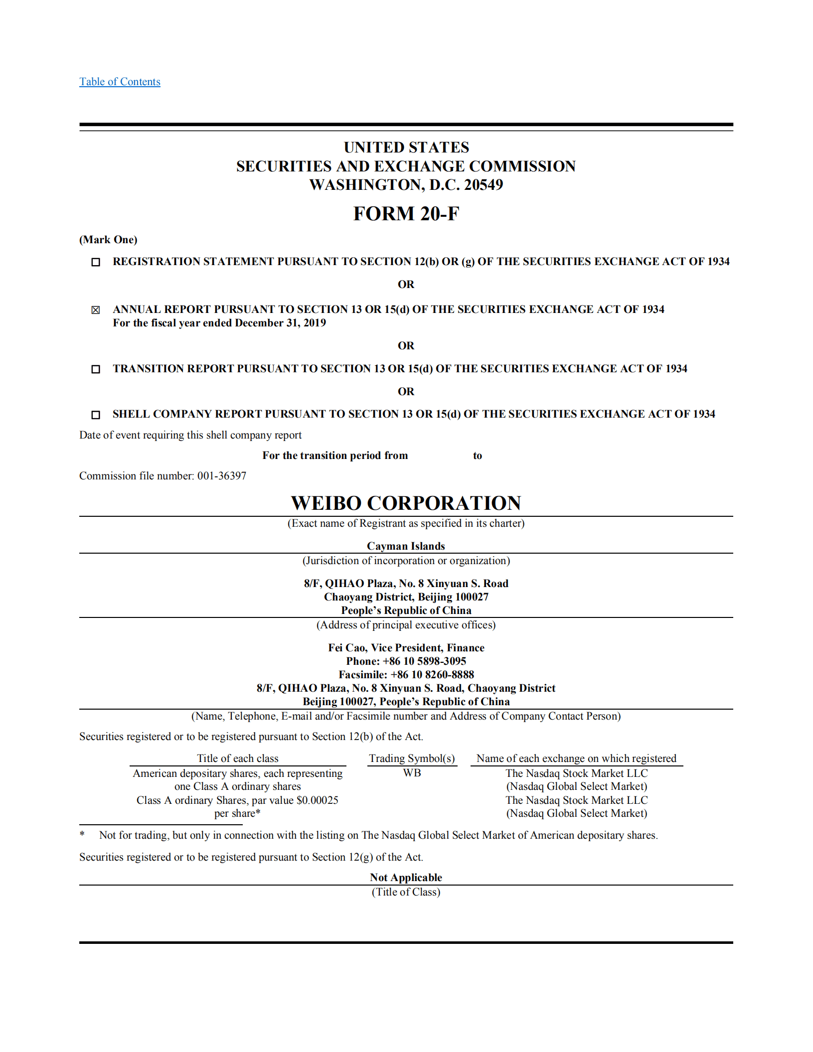 微博（WB.US）2019年年度报告（英文版）.pdf 第1页