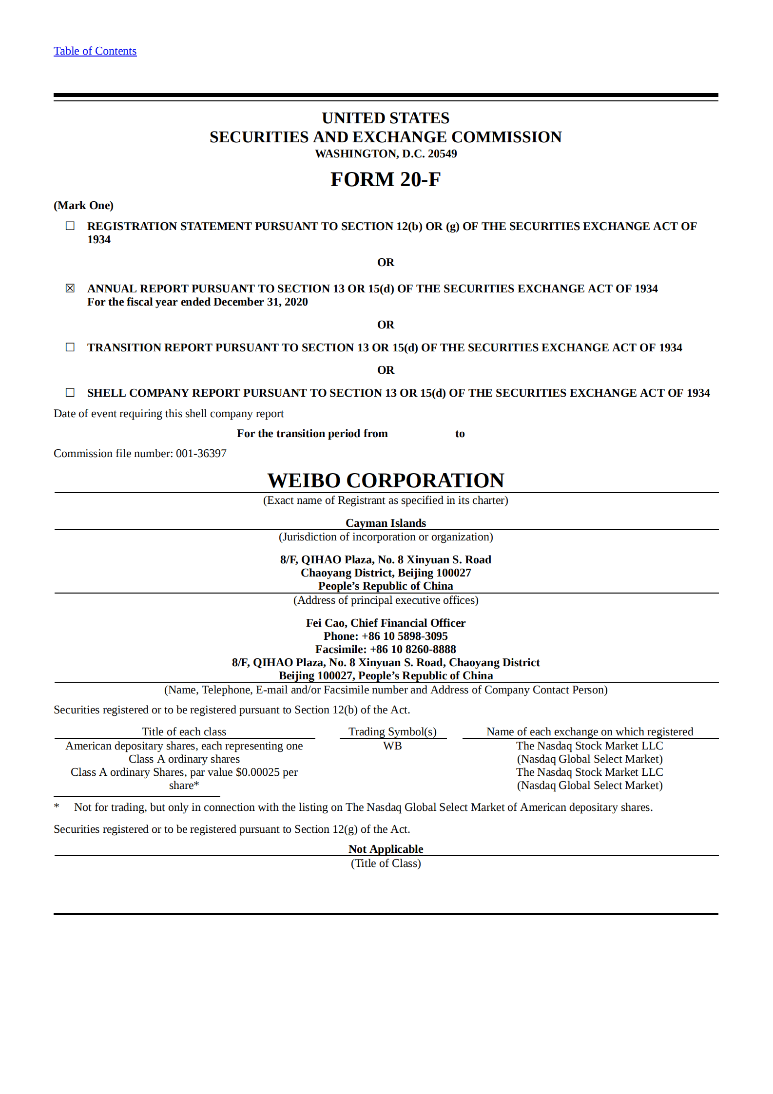 微博（WB.US）2020年年度报告（英文版）.pdf 第1页