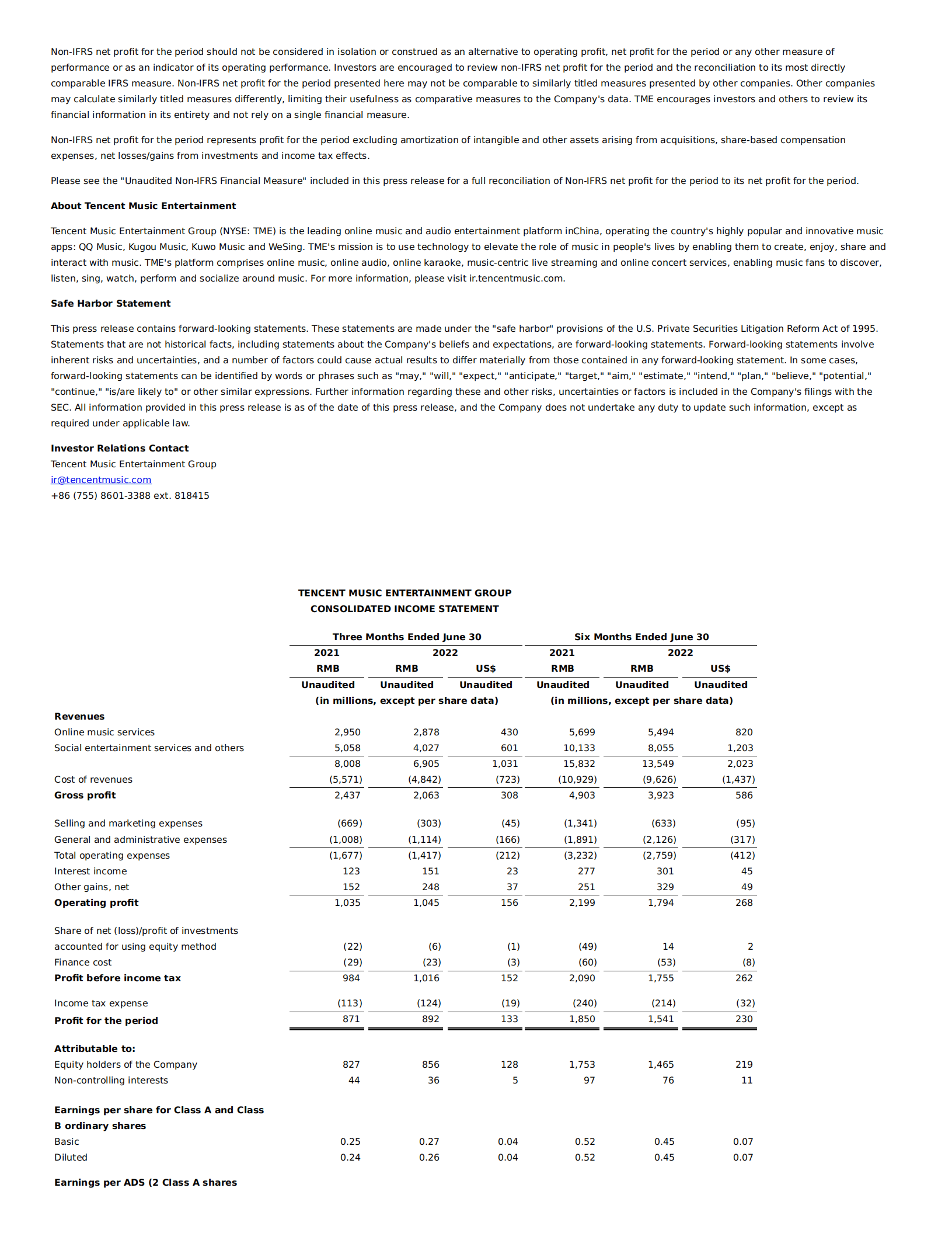 腾讯音乐（TME.US）2022年第二季度财报（英文版）.pdf 第4页