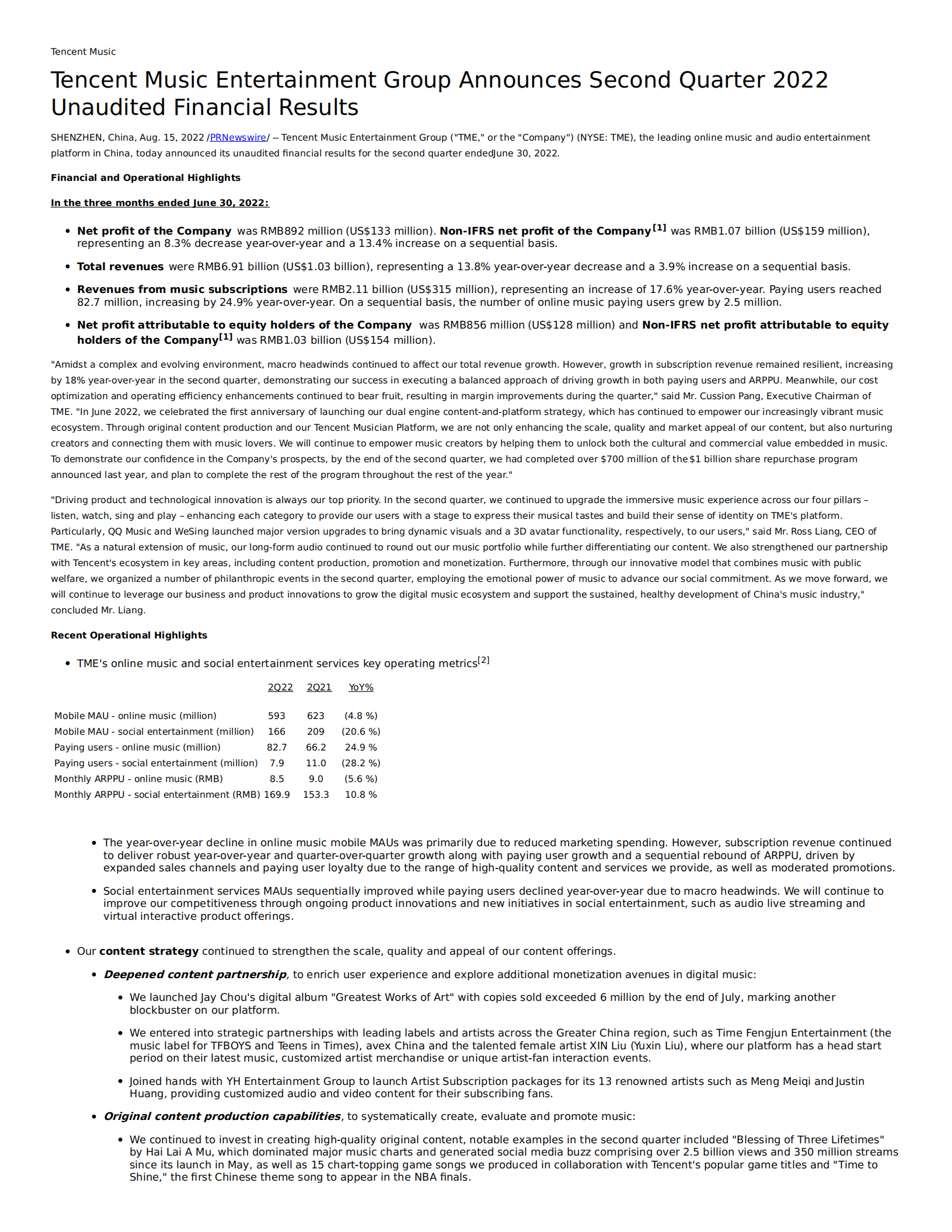 腾讯音乐（TME.US）2022年第二季度财报（英文版）.pdf 第1页