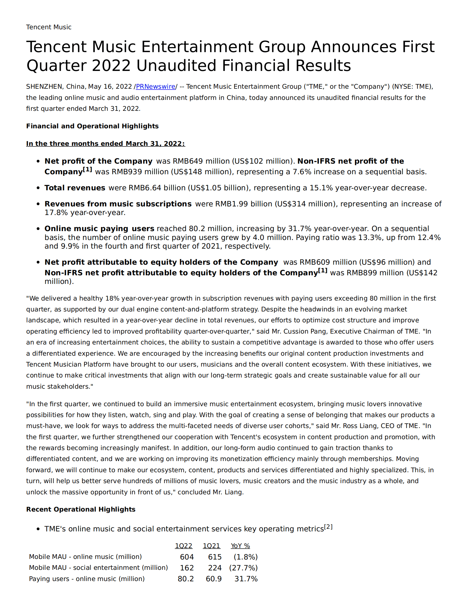 腾讯音乐（TME.US）2022年第一季度财报（英文版）.pdf 第1页