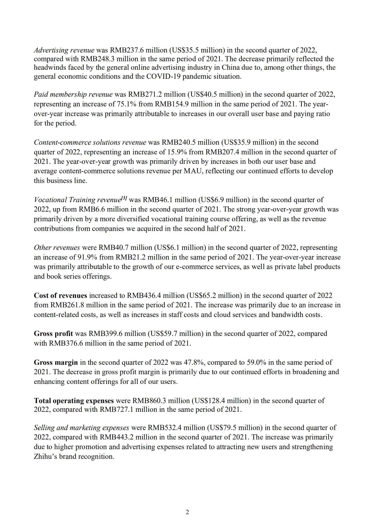 知乎（ZH.US）2022年第二季度及半年度财报（英文版）.pdf 第2页