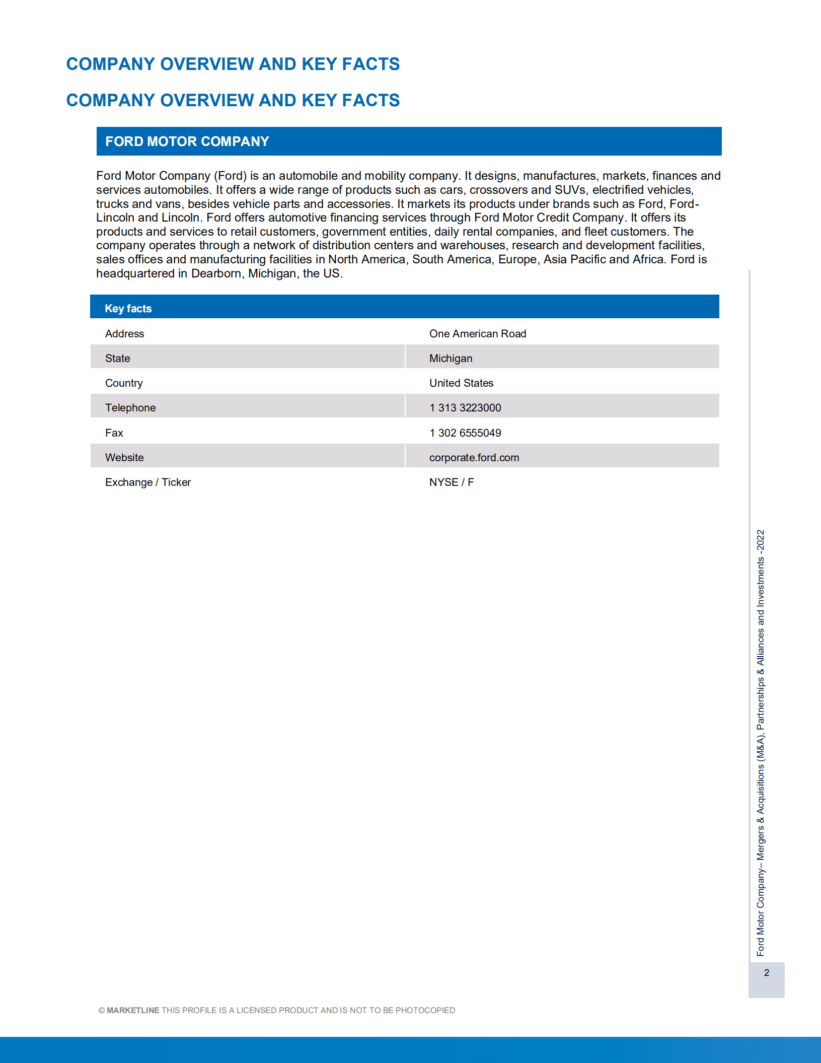 MarketLine：福特汽车公司并购、联盟与投资分析报告（英文版）.pdf 第2页