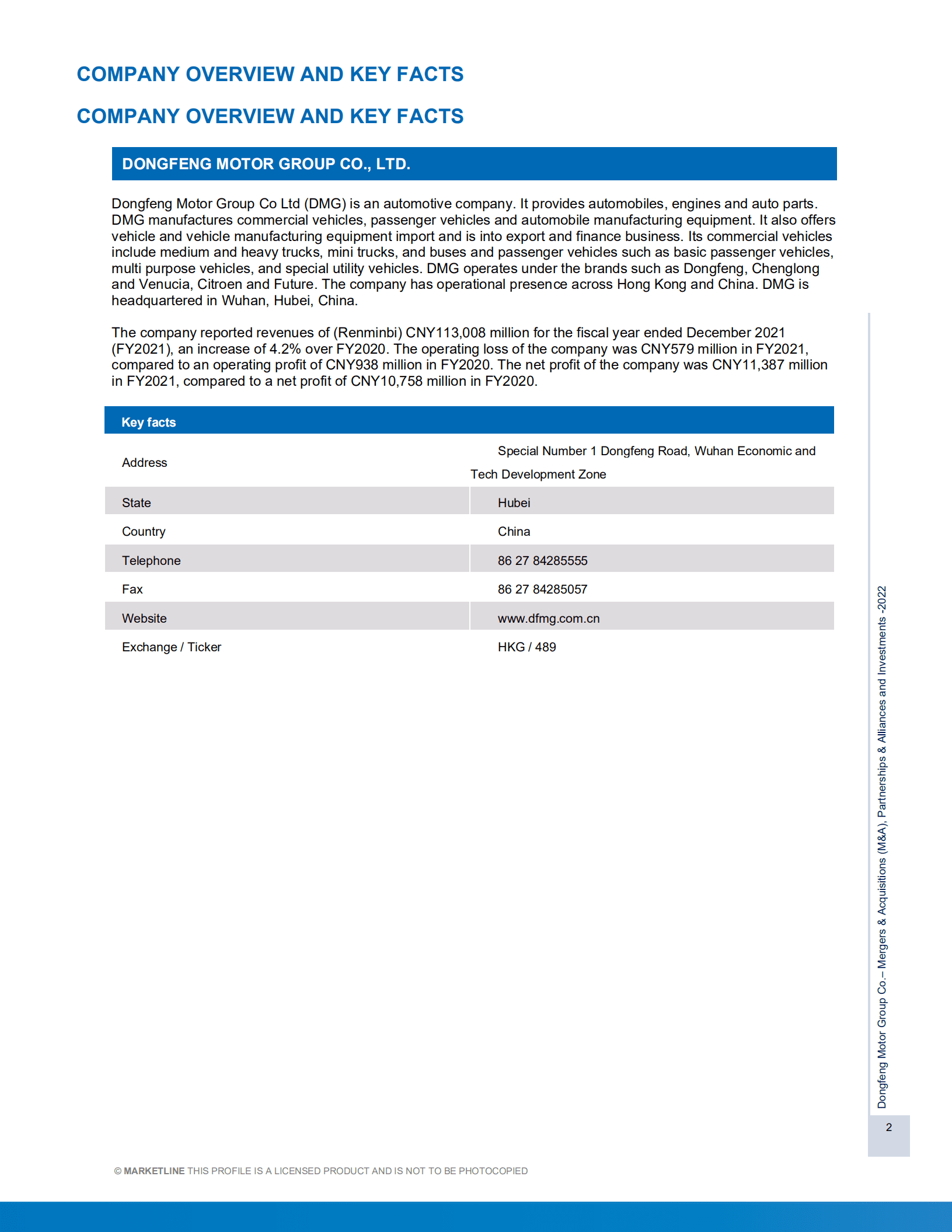 MarketLine：东风汽车集团有限公司有限公司并购、联盟与投资分析报告（英文版）.pdf 第2页