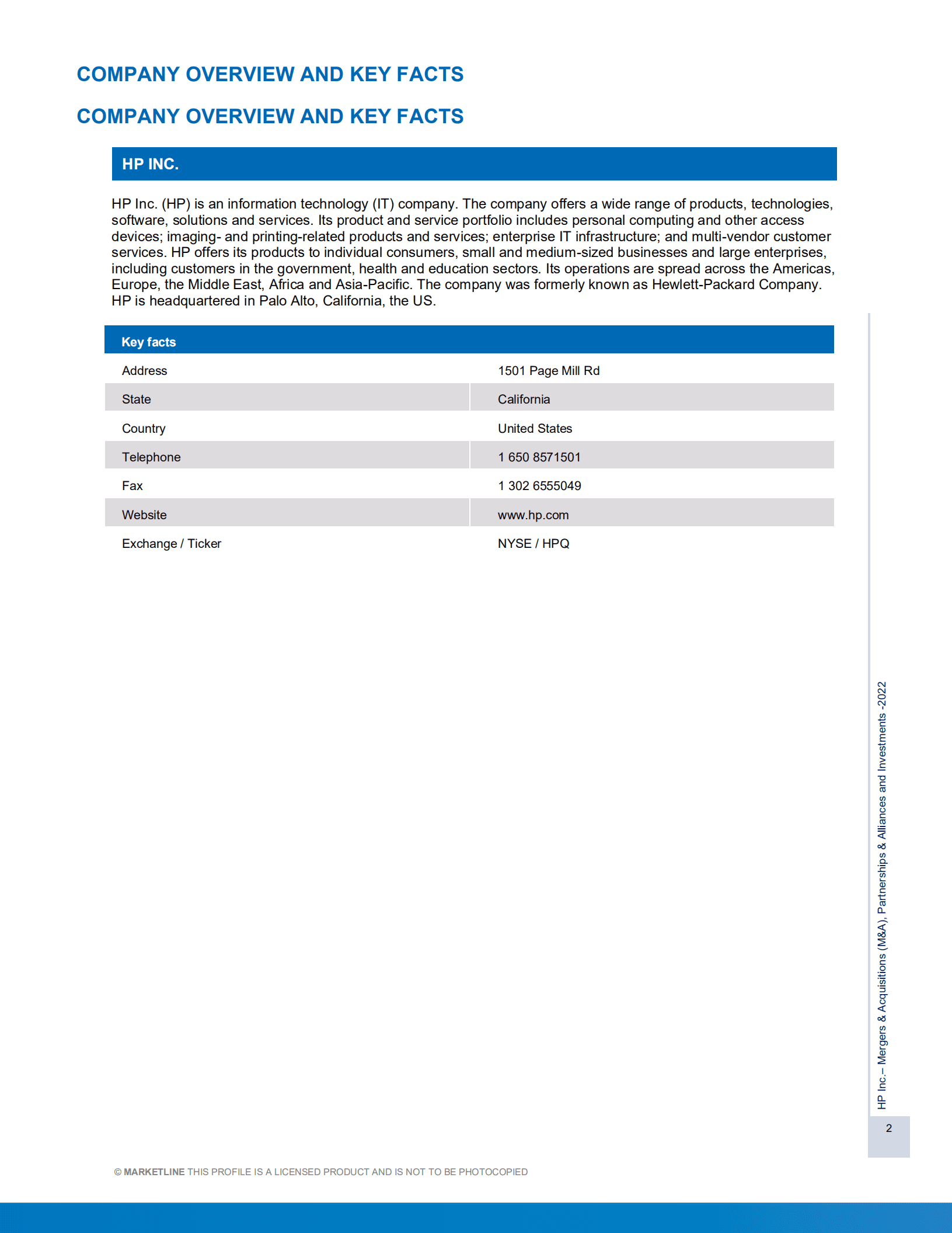 MarketLine：惠普公司（HP）并购、联盟与投资分析报告（英文版）.pdf 第2页