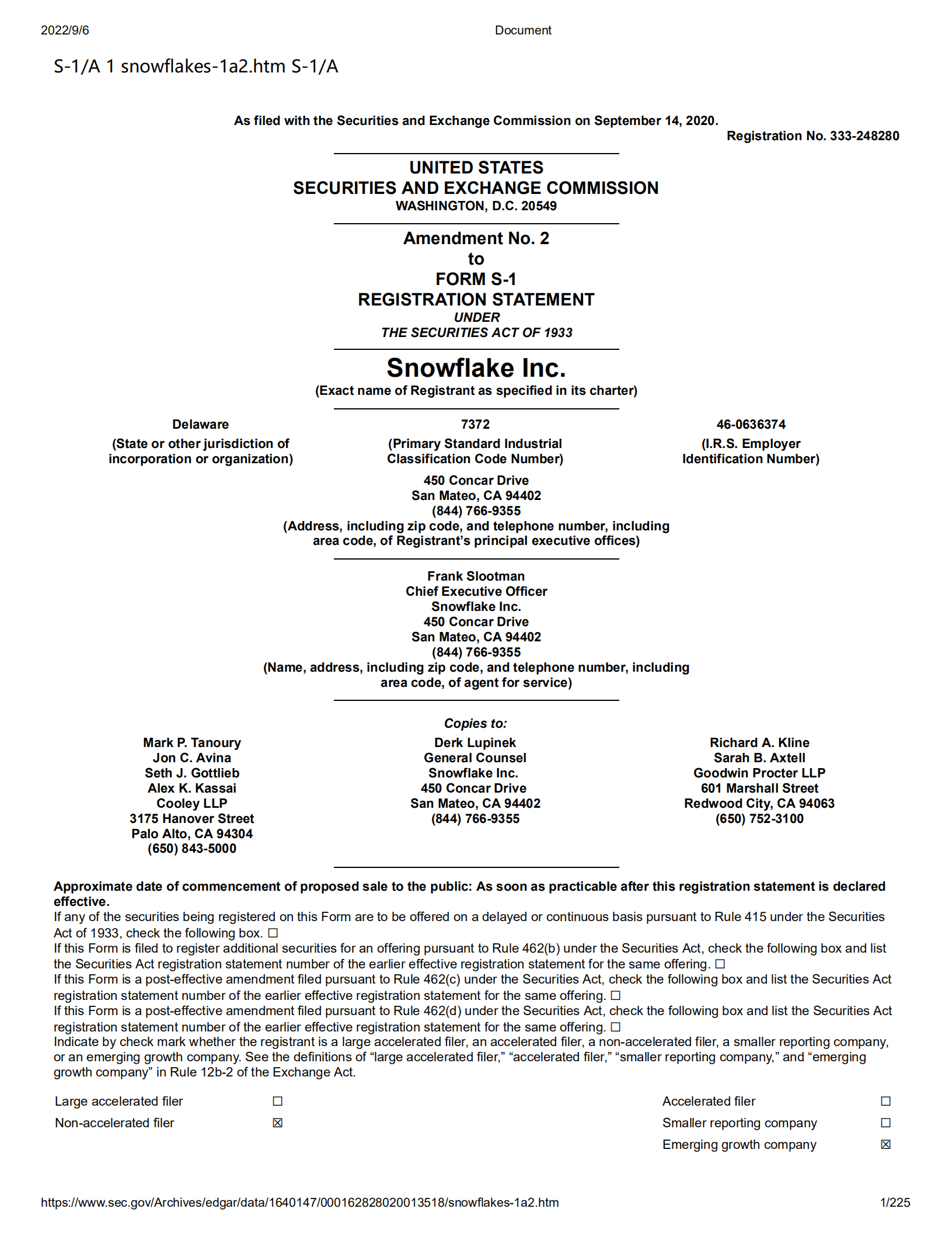 Snowflake美股IPO招股说明书（更新版）（225）.pdf 第1页