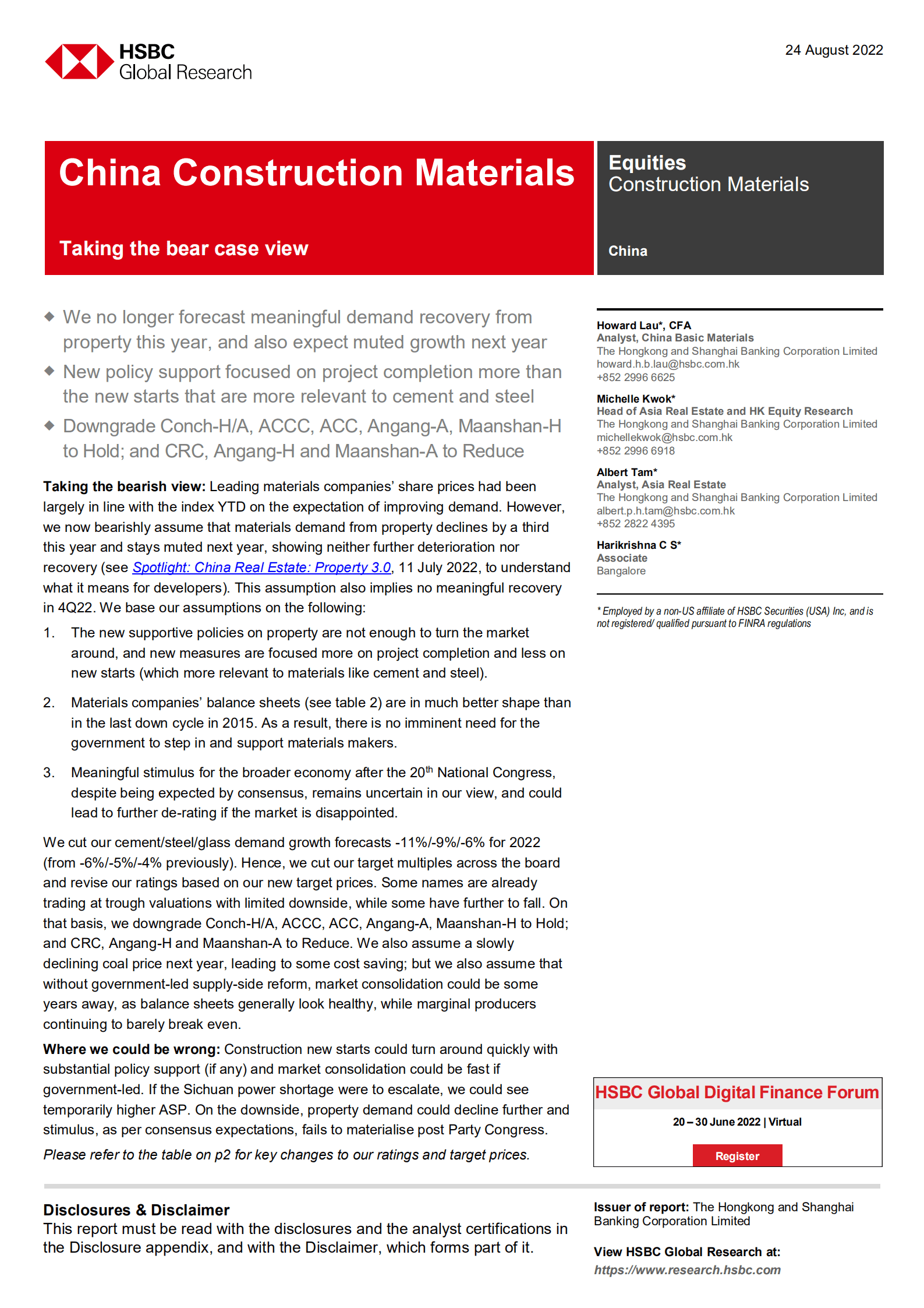 汇丰银行（HSBC）：2022年中国建筑材料行业分析报告-持熊市观点（英文版）.pdf 第1页