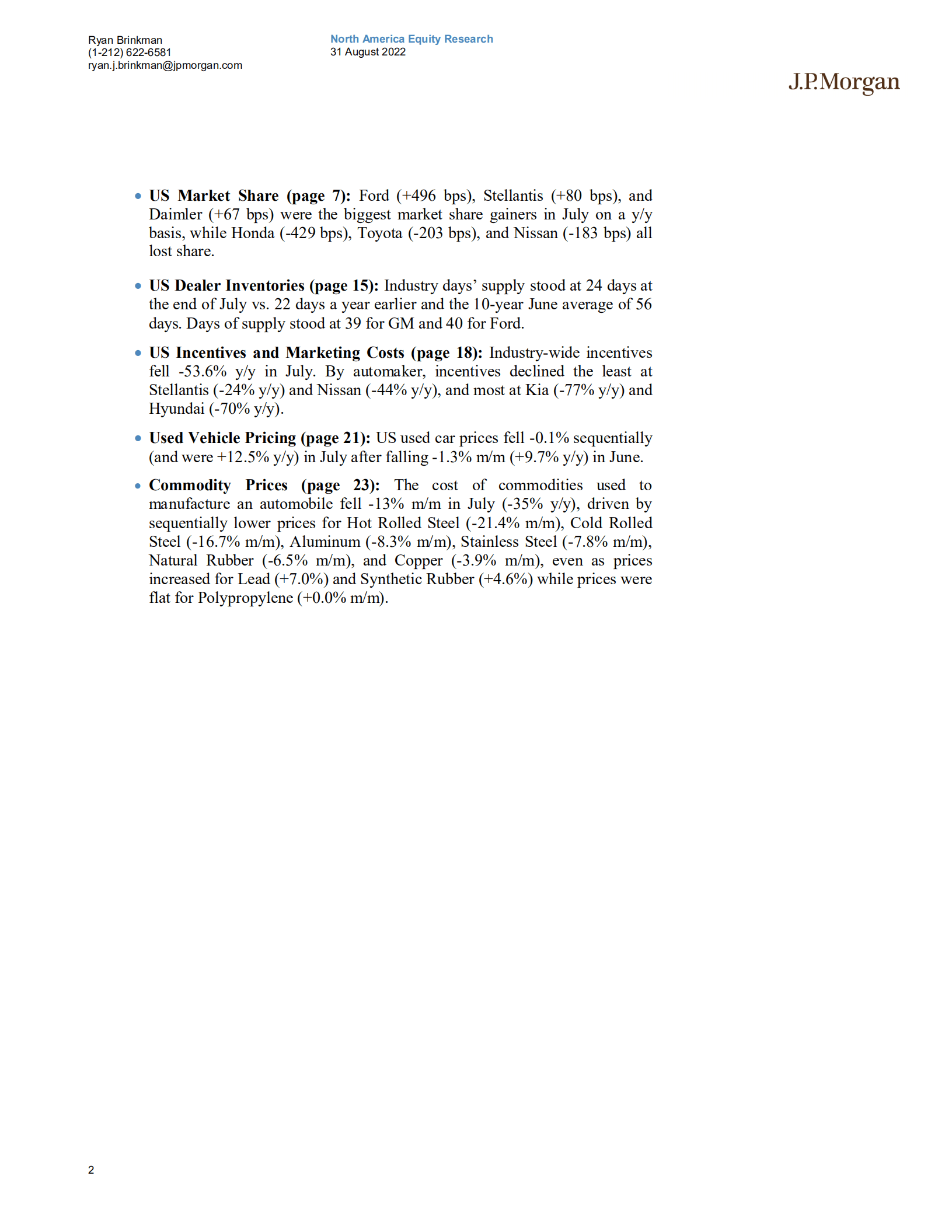 摩根大通（J.P. Morgan）：北美股市研究-2022年8月车市回顾-美国轻型车供应吃紧，售价保持波动 （英文版）.pdf 第2页