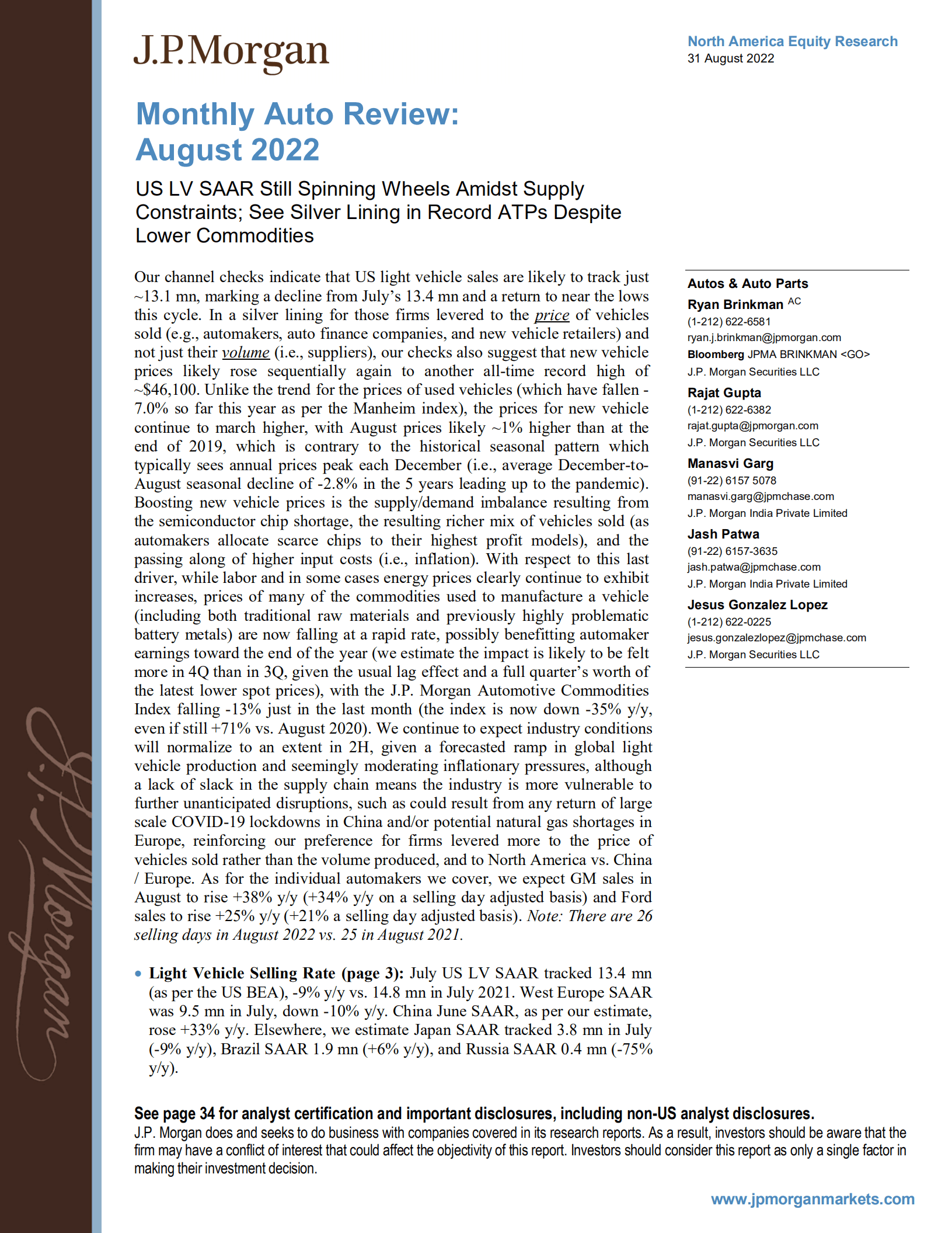 摩根大通（J.P. Morgan）：北美股市研究-2022年8月车市回顾-美国轻型车供应吃紧，售价保持波动 （英文版）.pdf 第1页