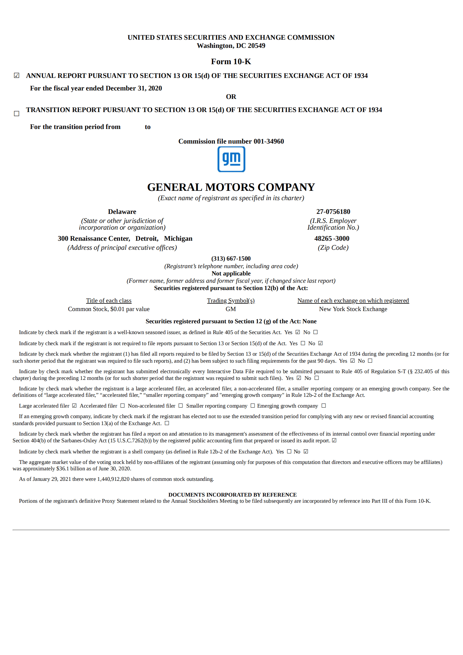 通用汽车公司（GENERAL MOTORS）2020年年度报告（英文版）.pdf 第1页