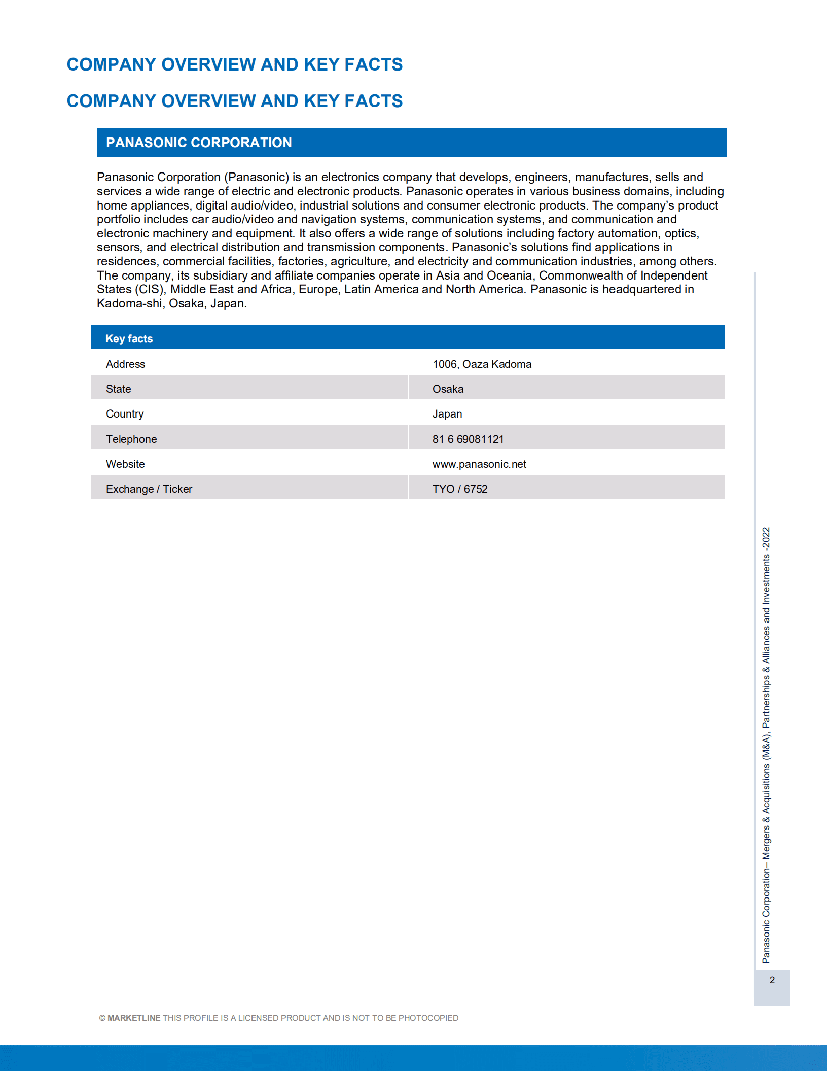 MarketLine：松下（PANASONIC）公司并购、联盟与投资分析报告（英文版）.pdf 第2页