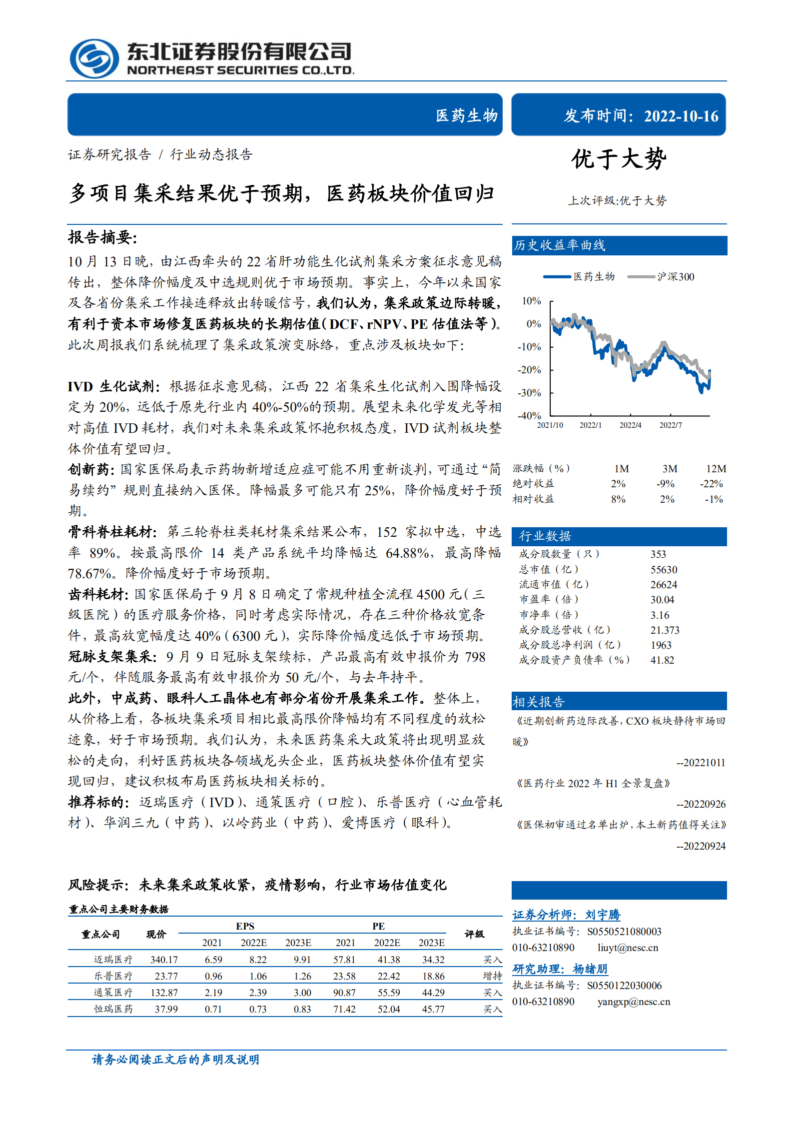 医药生物行业：多项目集采结果优于预期，医药板块价值回归-221016.pdf 第1页