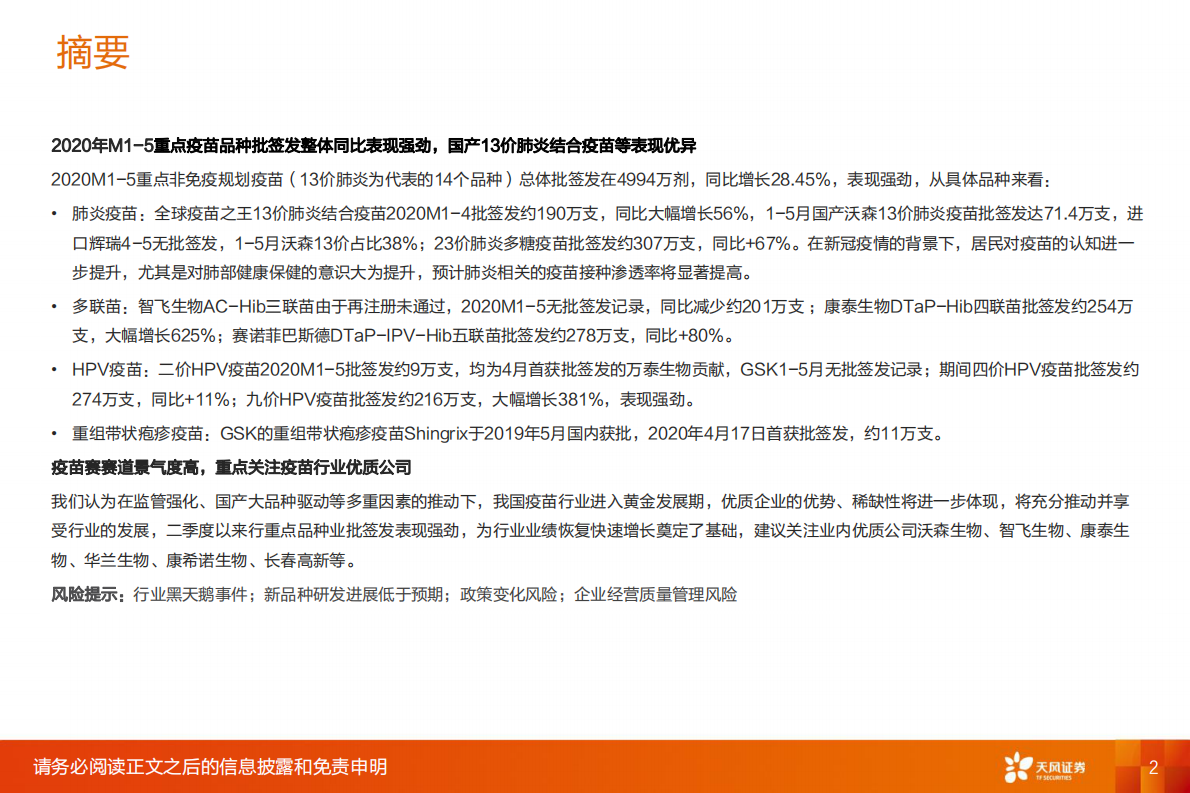 2020年M1-M5疫苗批签发报告：重点品种整体快速增长，国产13价肺炎疫苗等表现强劲.pdf 第2页