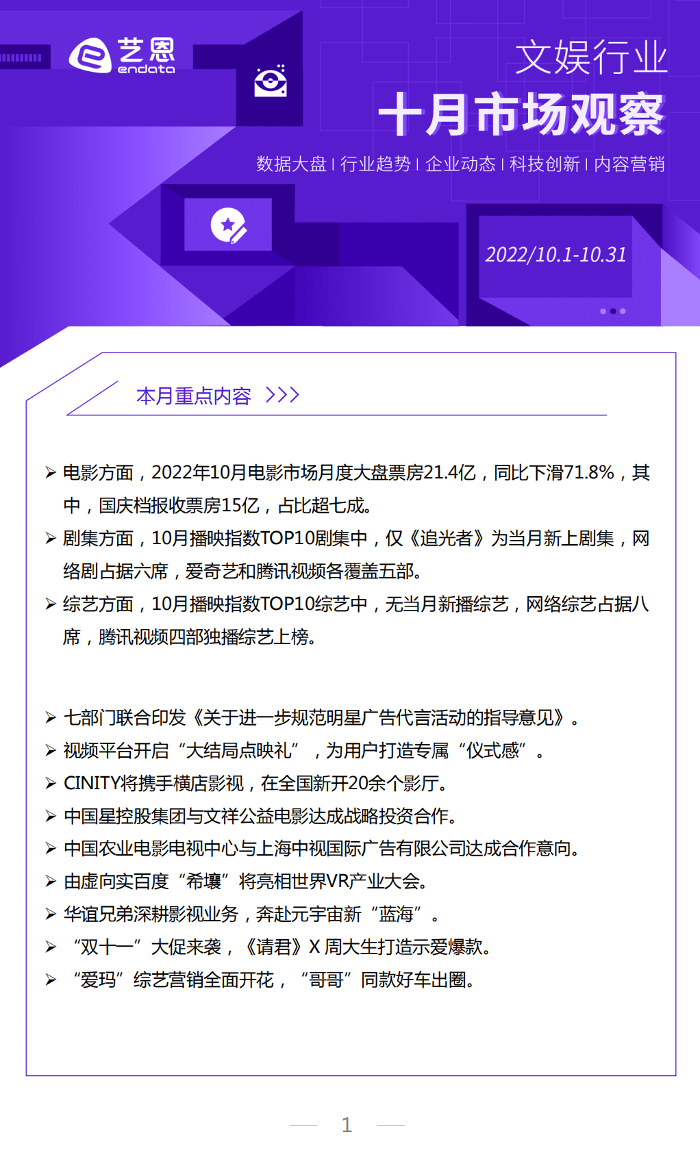 艺恩：2022年10月文娱行业市场观察报告 第1页