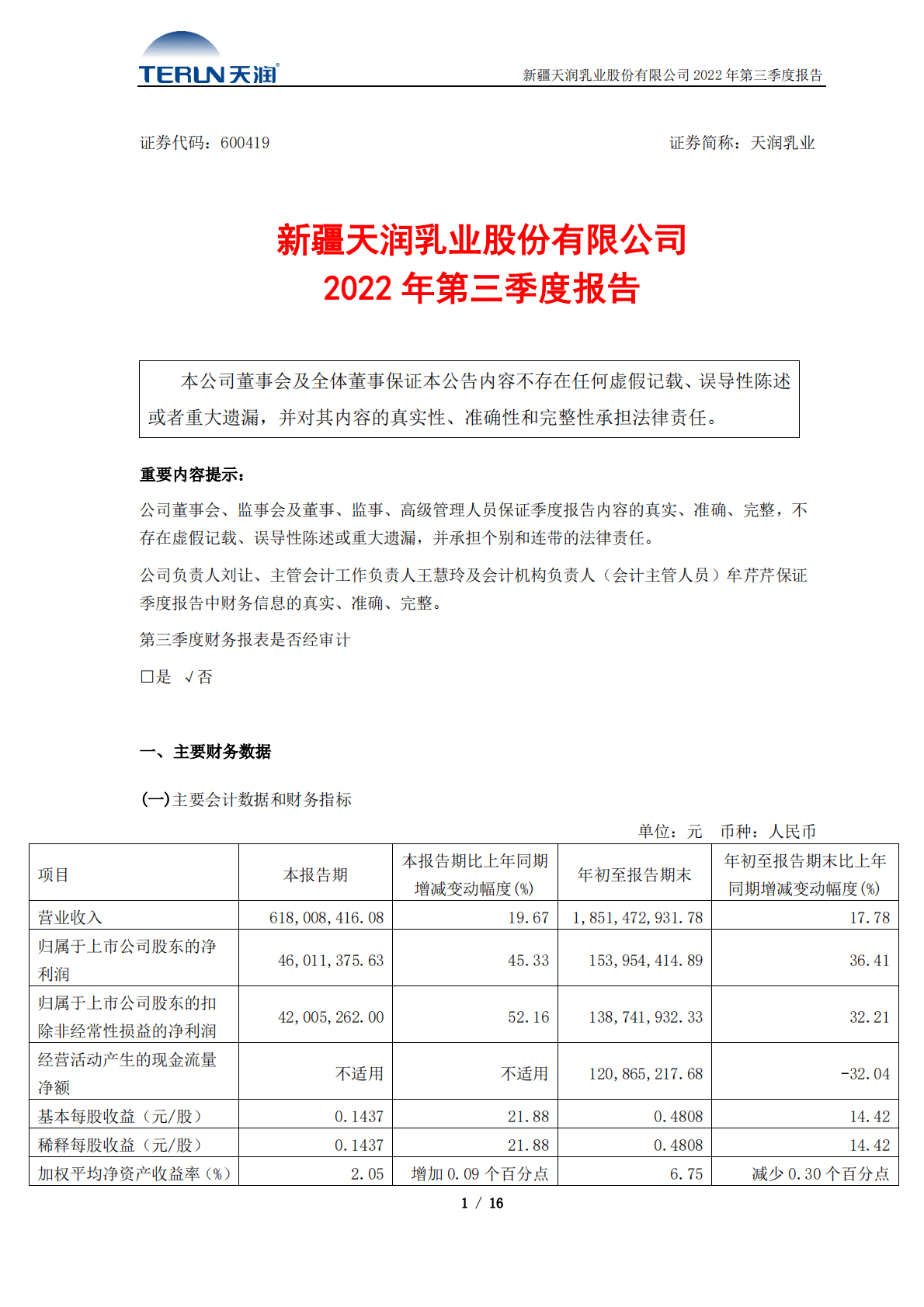 新疆天润乳业股份有限公司2022年第三季度报告 第1页