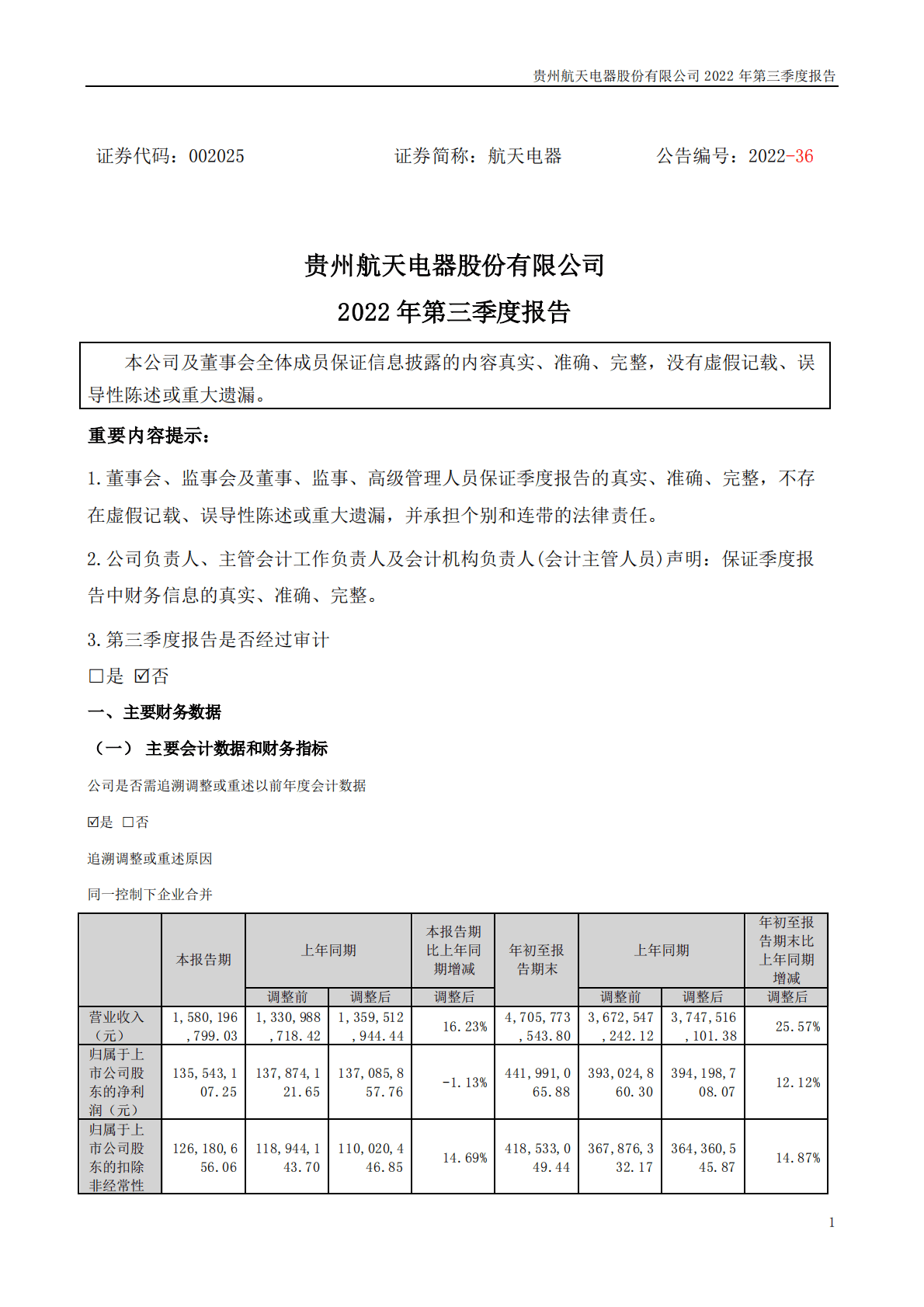 贵州航天电器股份有限公司2022年三季度报告 第1页