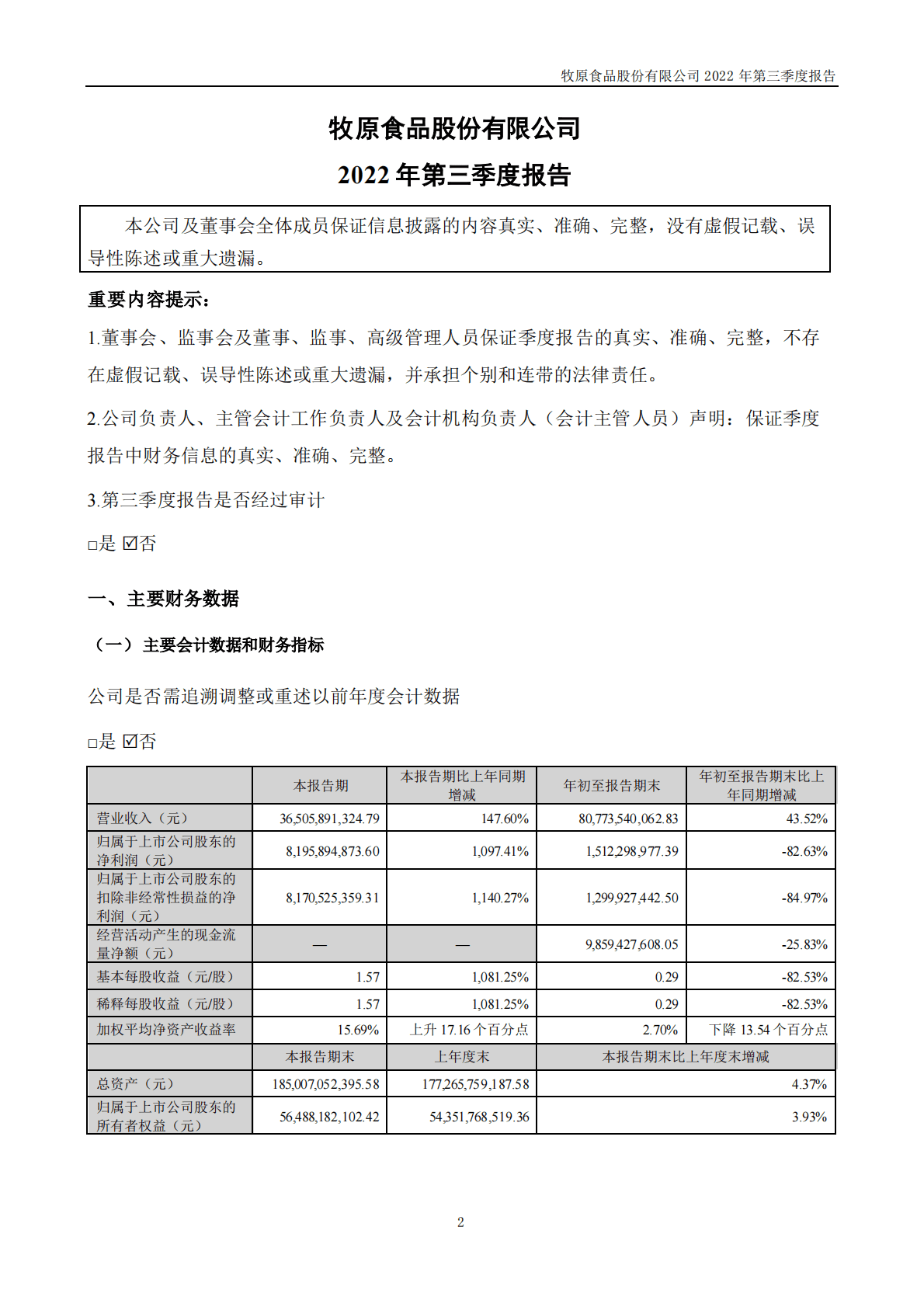 牧原食品股份有限公司2022年三季度报告 第2页