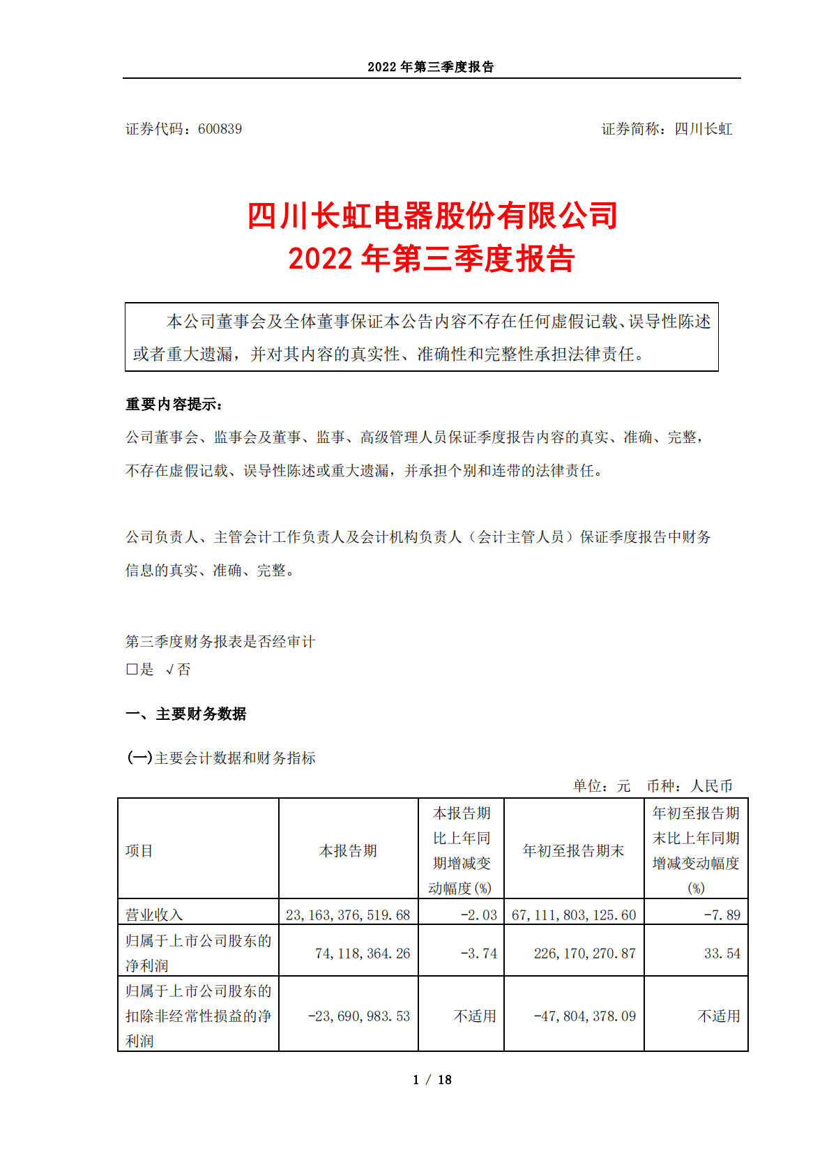四川长虹电器股份有限公司2022年第三季度报告 第1页