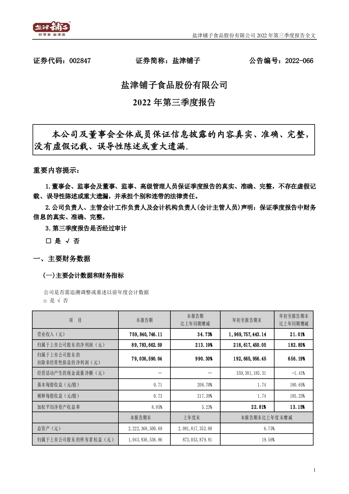 盐津铺子食品股份有限公司2022年三季度报告 第1页