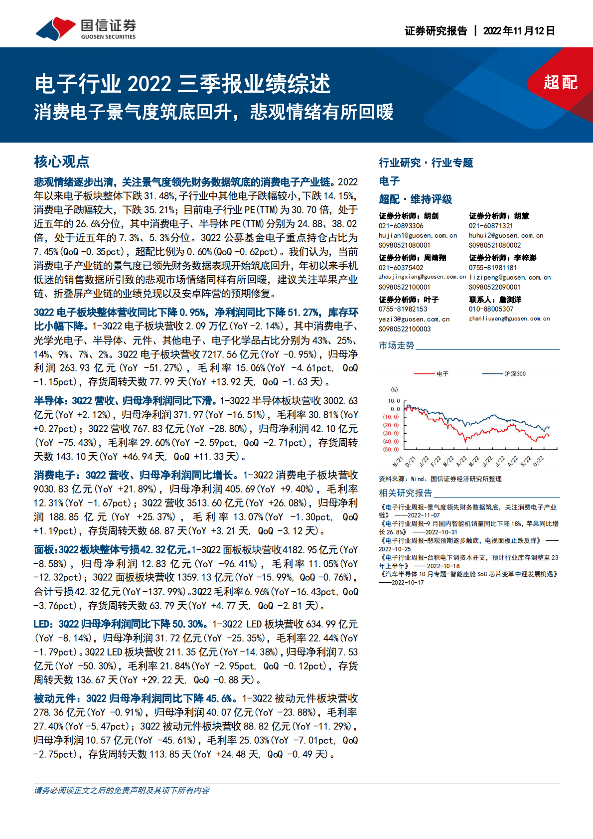 电子行业2022三季报业绩综述：消费电子景气度筑底回升，悲观情绪有所回暖 第1页