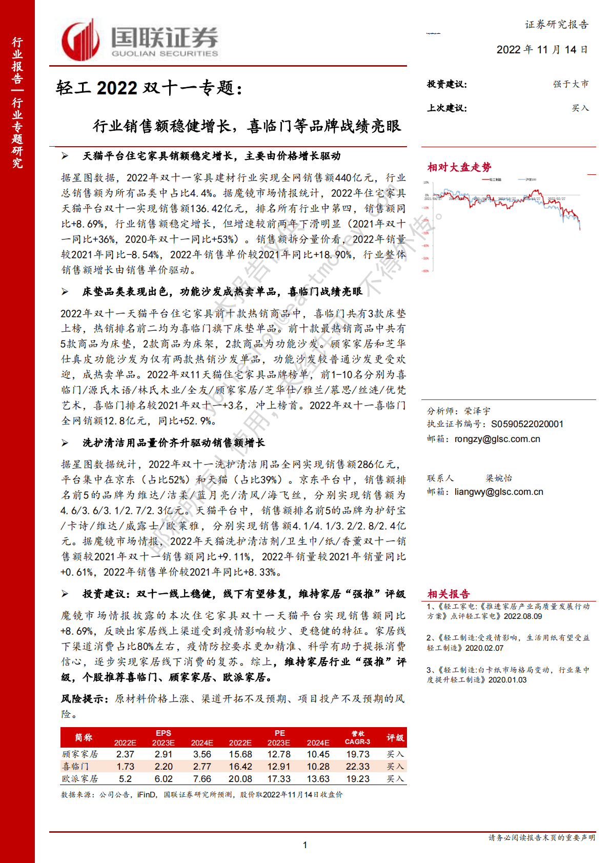 轻工2022双十一专题：行业销售额稳健增长，喜临门等品牌战绩亮眼 第1页