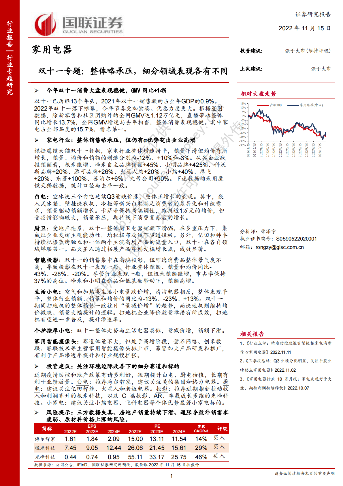 家用电器双十一专题：整体略承压，细分领域表现各有不同 第1页