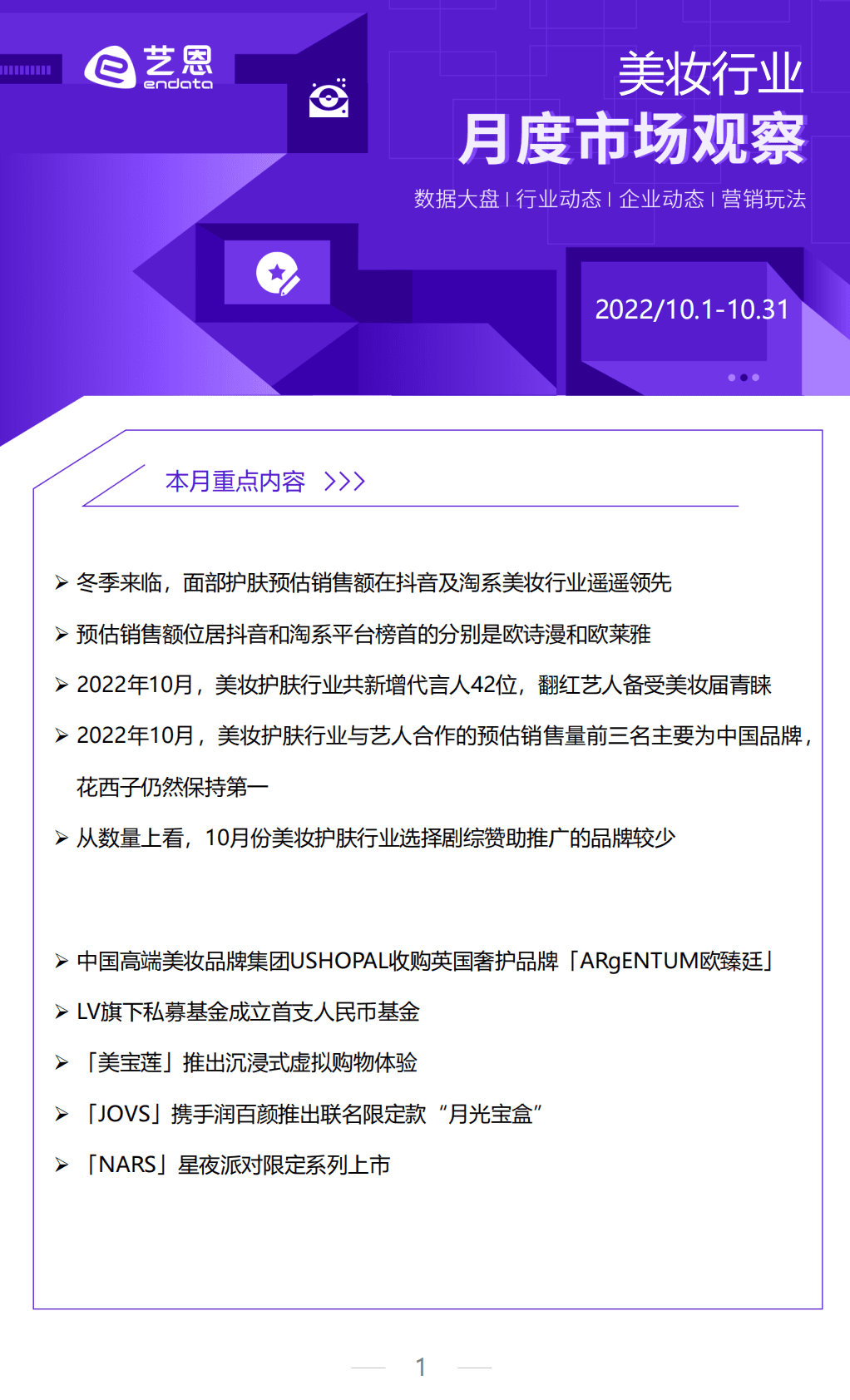 艺恩数据：2022年10月美妆行业月度市场报告 第1页