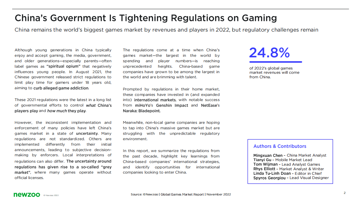 Newzoo：2022年中国游戏监管报告-分析中国游戏市场政策对消费者和市场的影响英文版 第2页