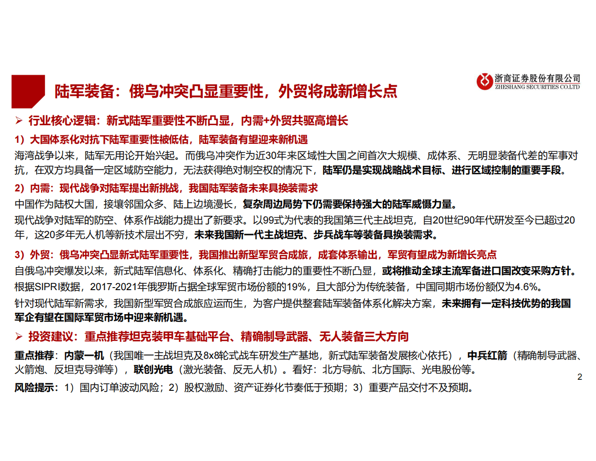 2023年陆军装备年度策略：陆军装备：俄乌冲突凸显重要性，外贸将成增长点 第2页