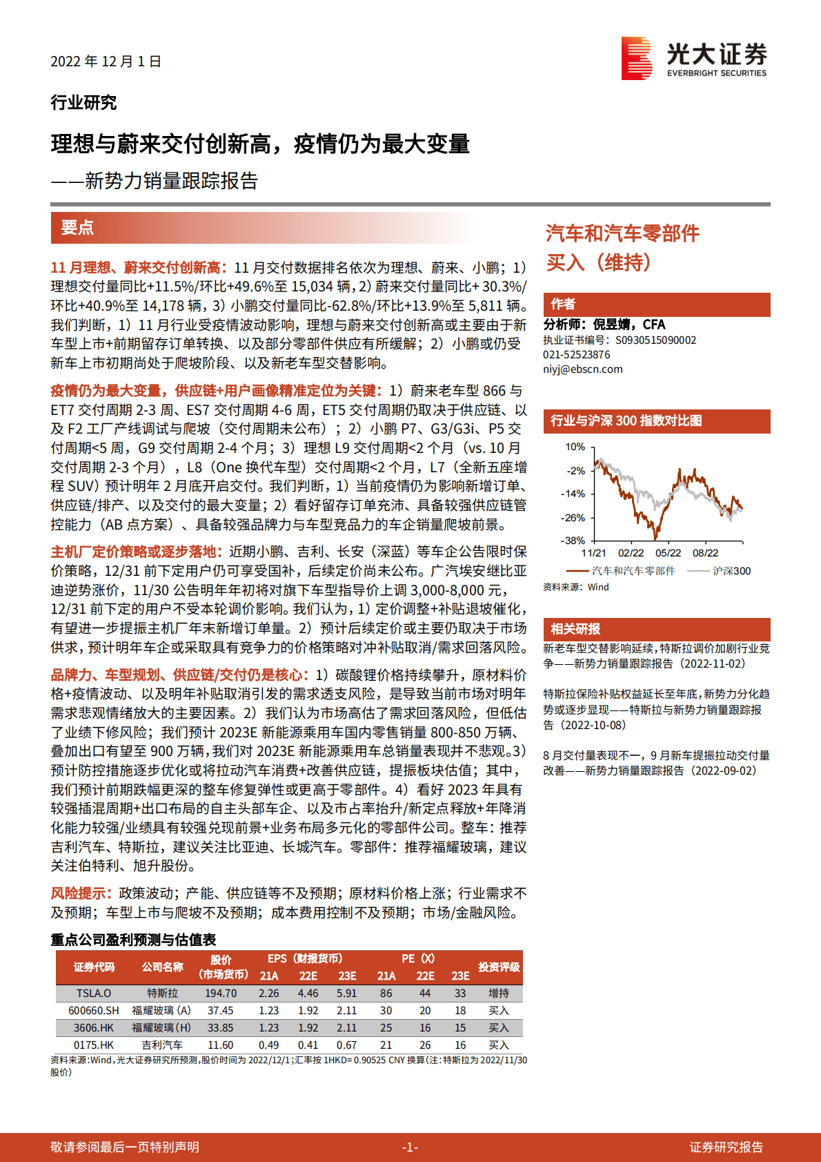 汽车和汽车零部件新势力销量跟踪报告：理想与蔚来交付创新高，疫情仍为最大变量 第1页