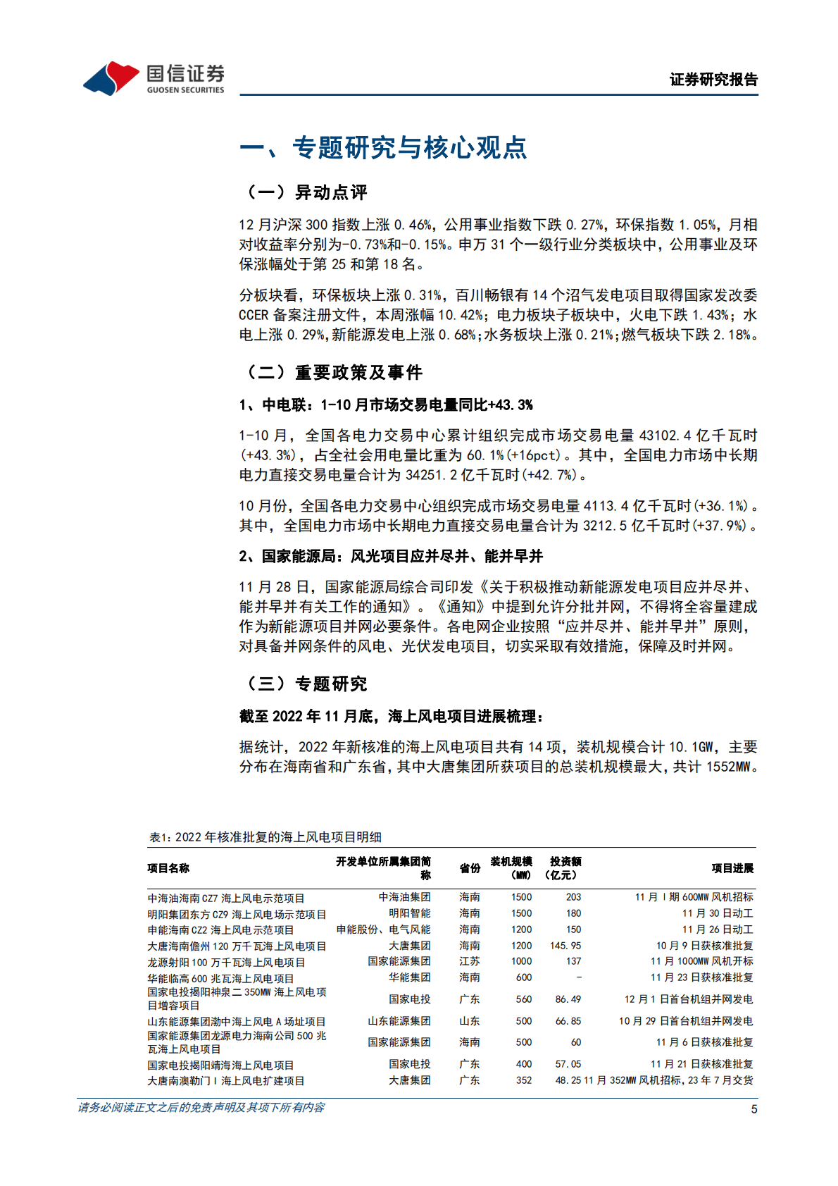 环保公用2022年12月投资策略：1-10月市场交易电量同比增长43.3%，海上风电项目梳理 第5页