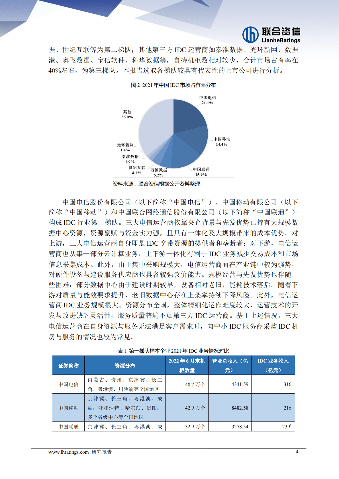 联合资信：中国IDC市场竞争要素与风险分析：数字地产红海泛舟 第4页