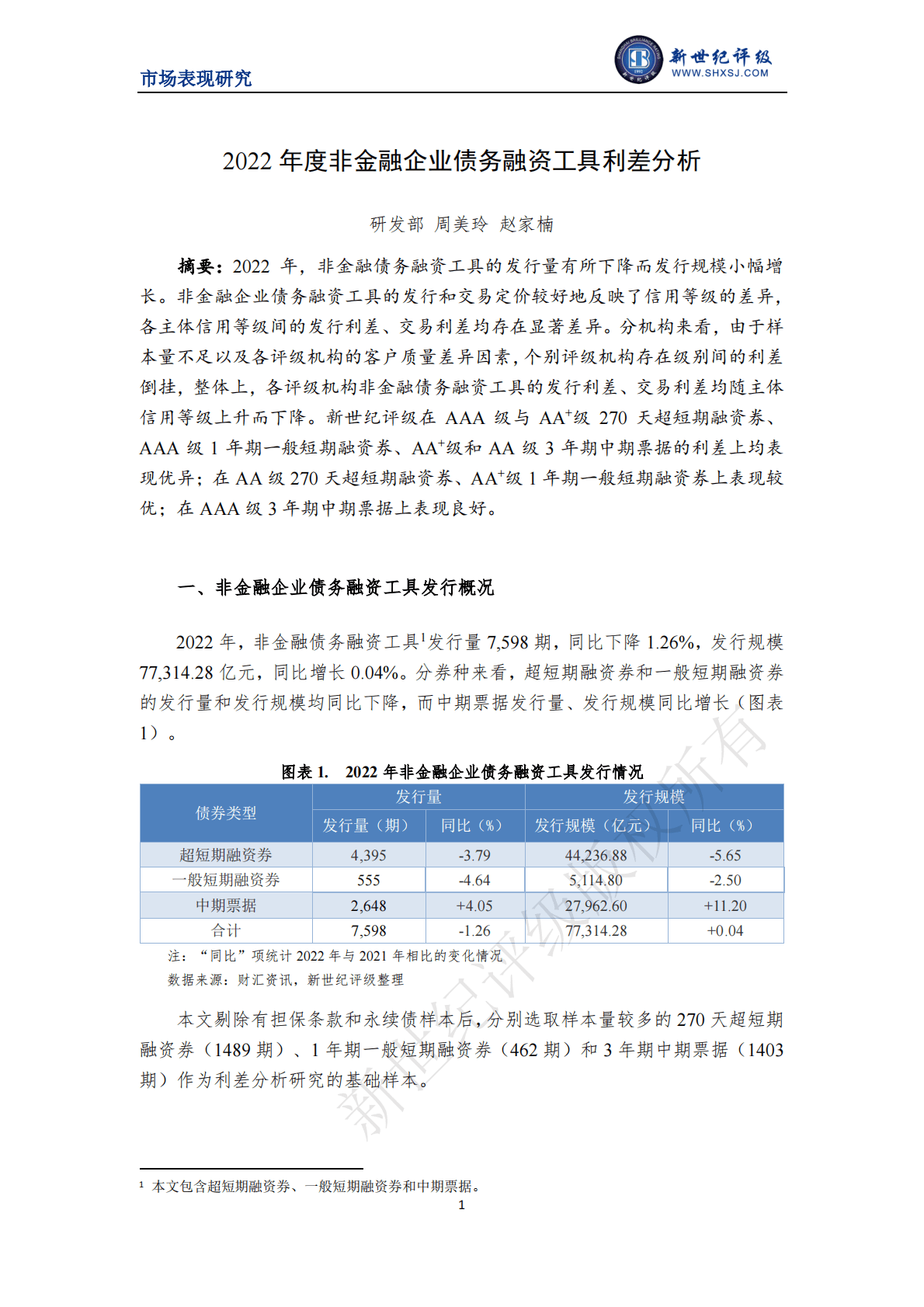 新世纪评级：2022年度非金融企业债务融资工具利差分析 第1页
