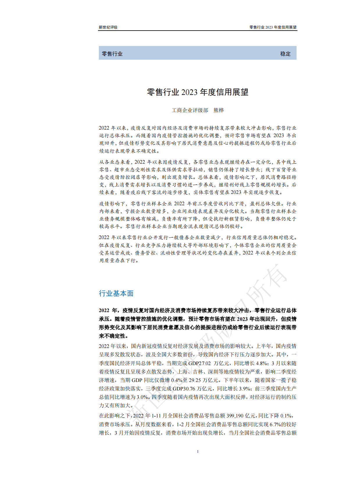 新世纪评级：零售行业2023年度信用展望 第1页