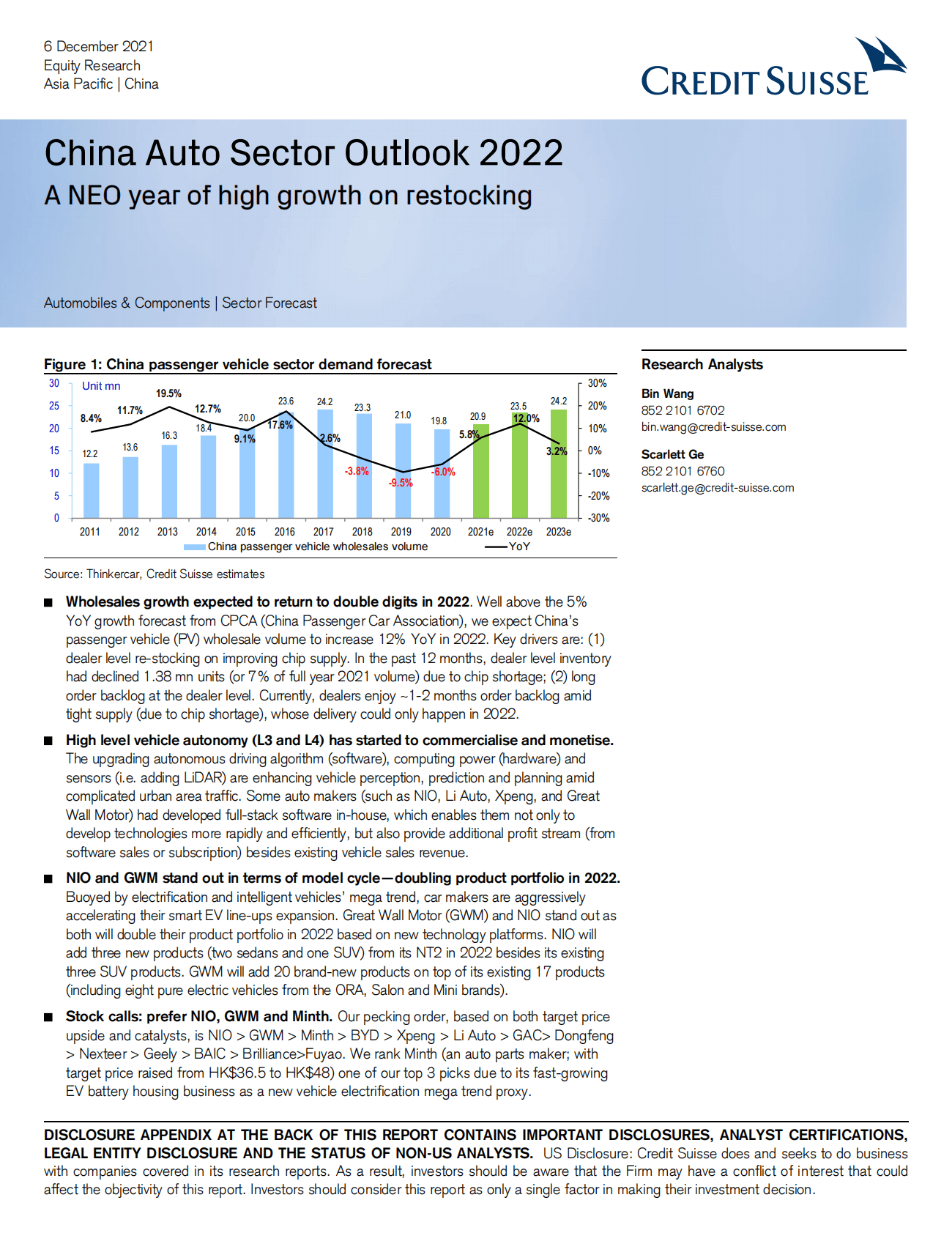 瑞士信贷：中国汽车行业2022年行业展望【英文版】 第1页