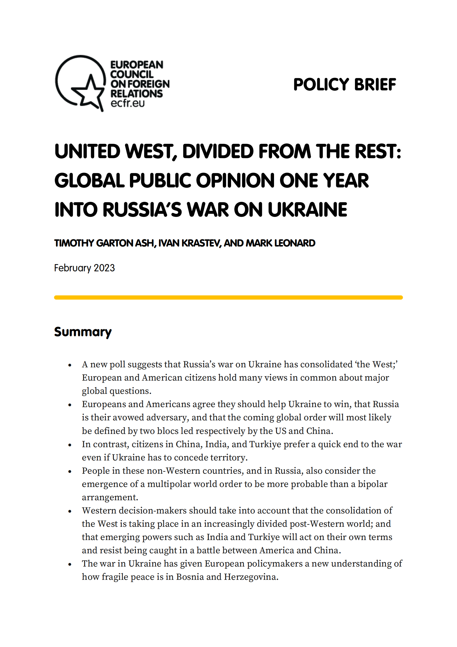 欧洲对外关系委员会：俄罗斯对乌克兰战争一年后的全球舆论【英文版】 第1页