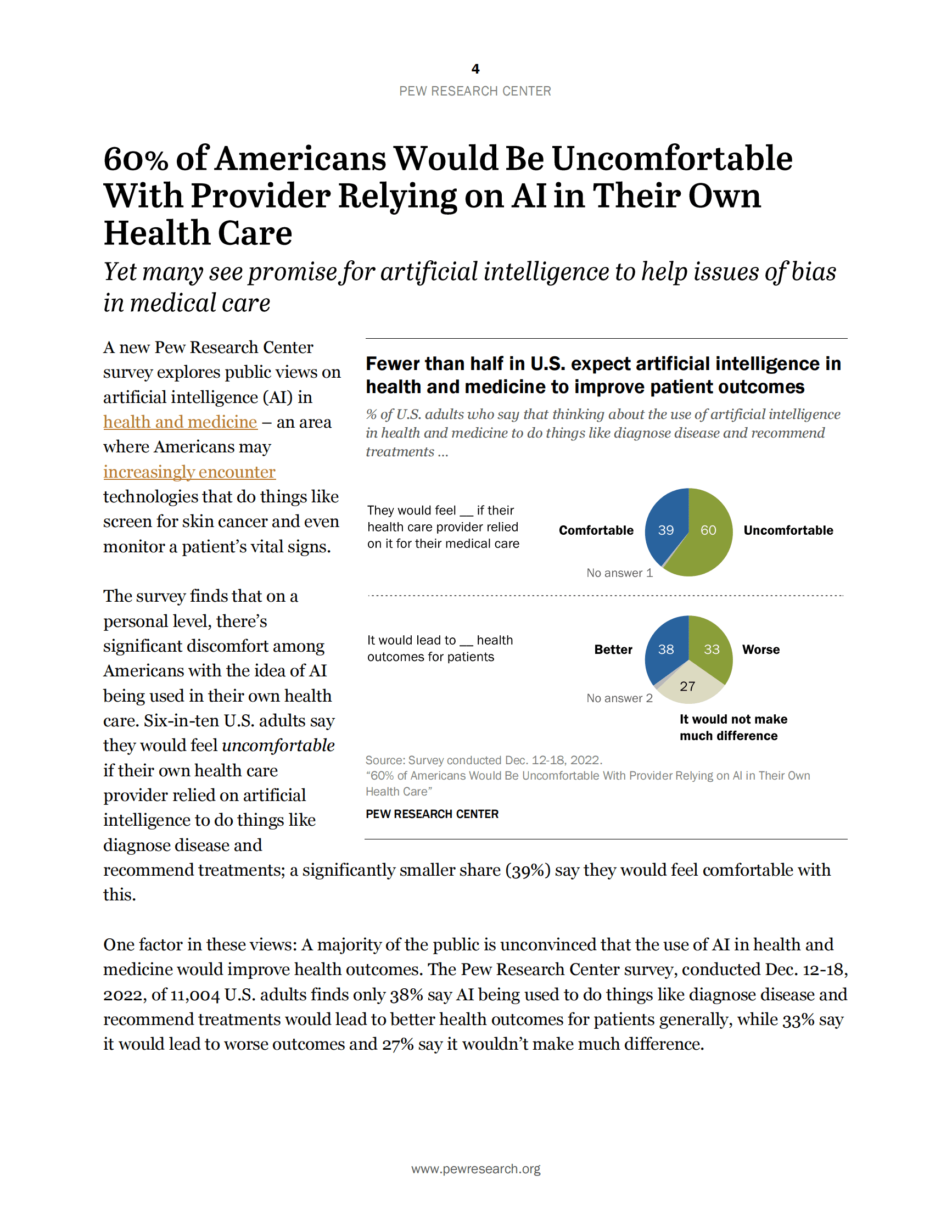 皮尤研究中心：60%的美国人会对医疗机构在自己的医疗保健中依赖人工智能感到不舒服【英文版】 第4页